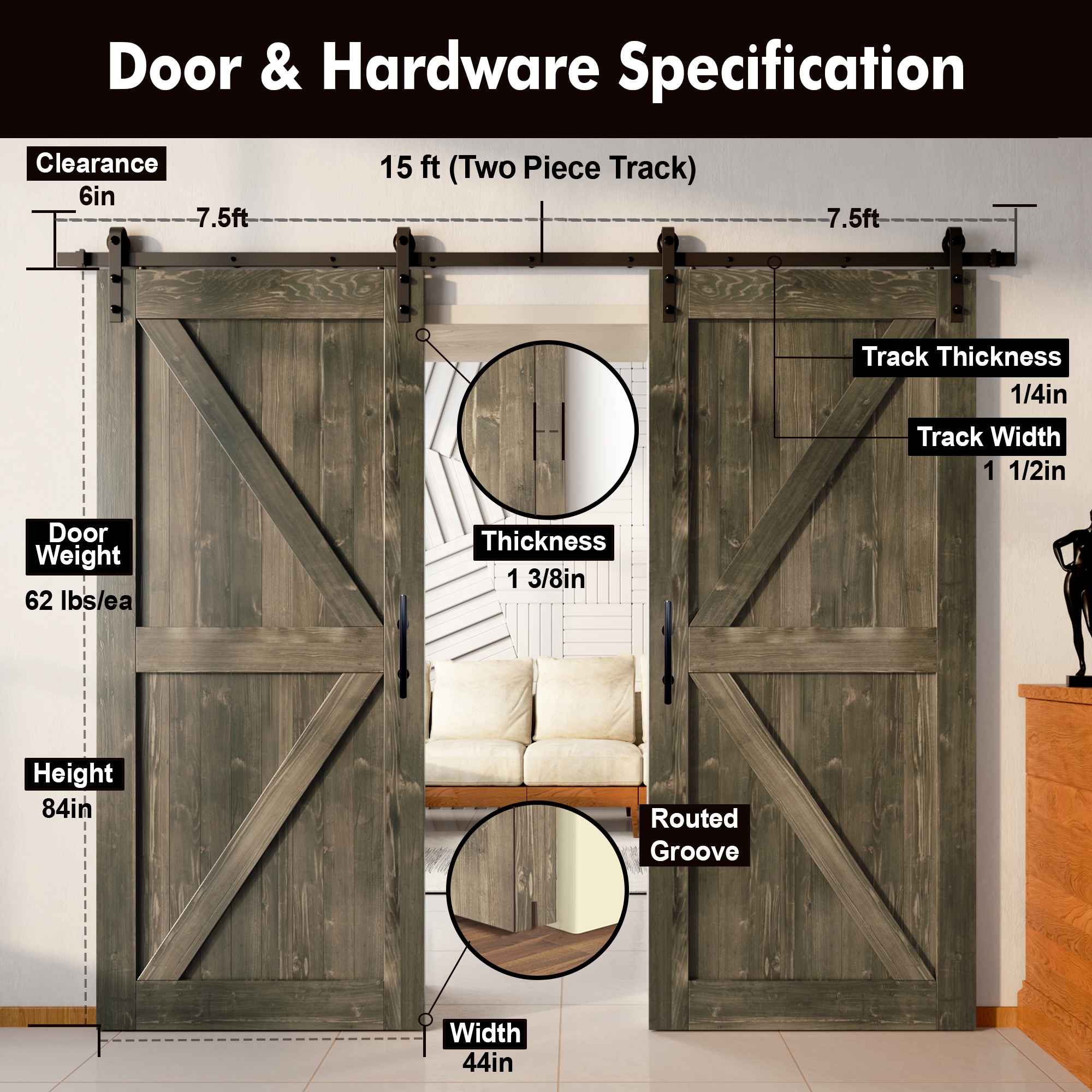 HOMACER YT2TGH180C-4484-K-GR Barn-Doors - View #7