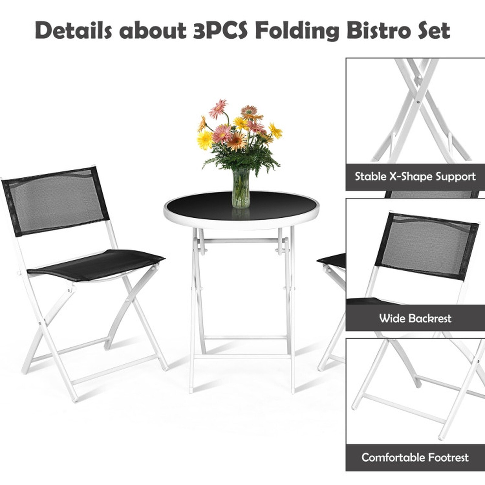 SUGIFT 3-Piece Patio Folding Bistro Set Black 2 Folding Chairs and ...