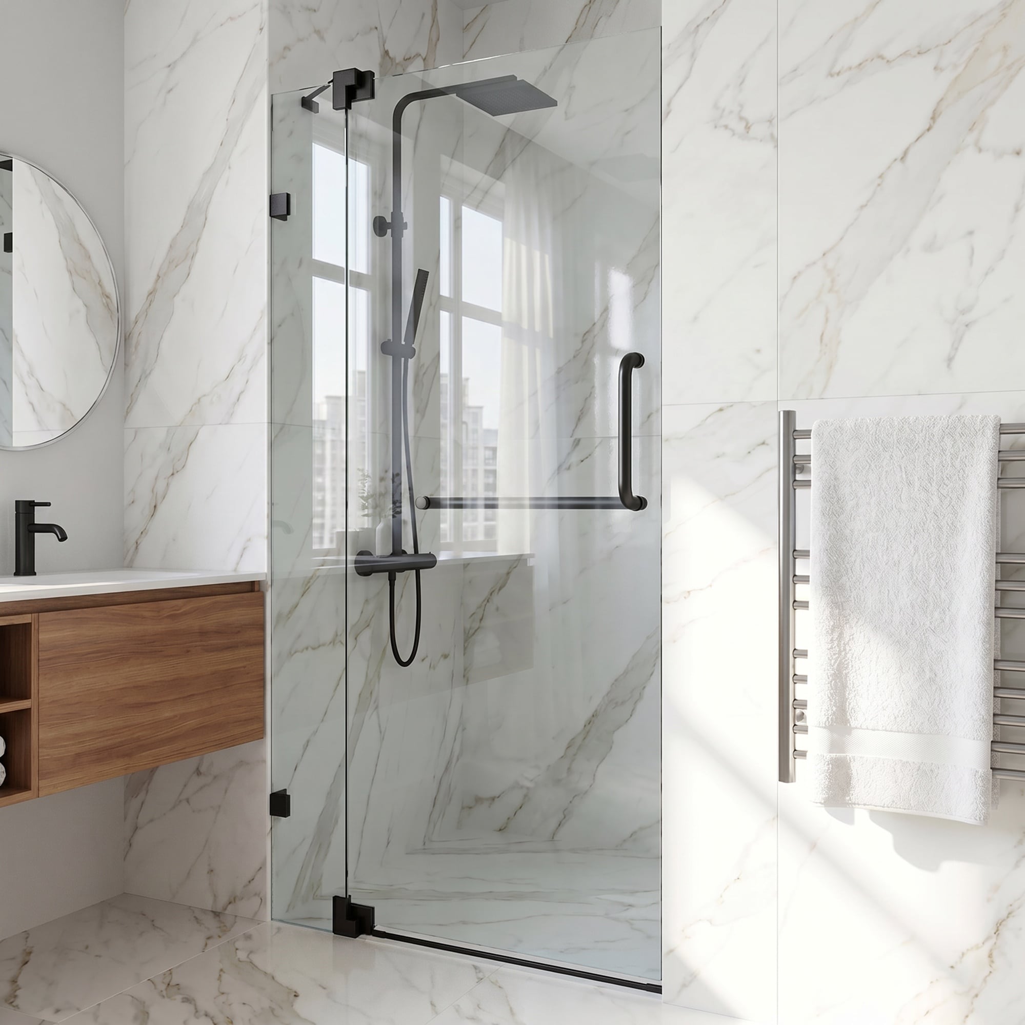 VIGO Pirouette Matte black 36-in to 42-in W x 72-in H Framed Clear Glass Pivot Shower door