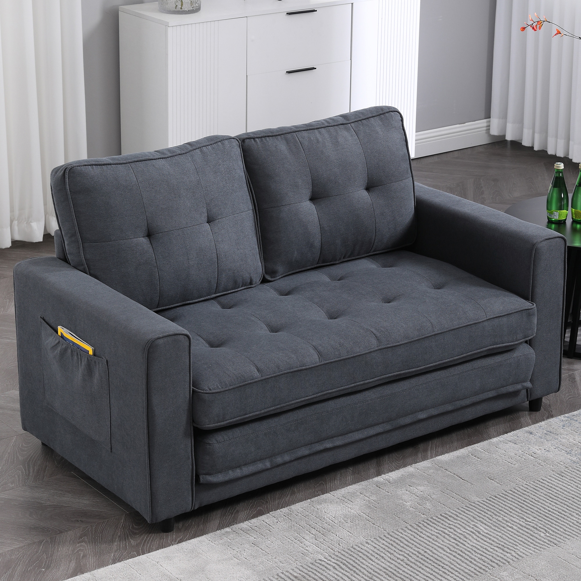 Sumyeg Foldable Tufted Loveseat 55-in Modern Dark Gray Polyester/Blend ...