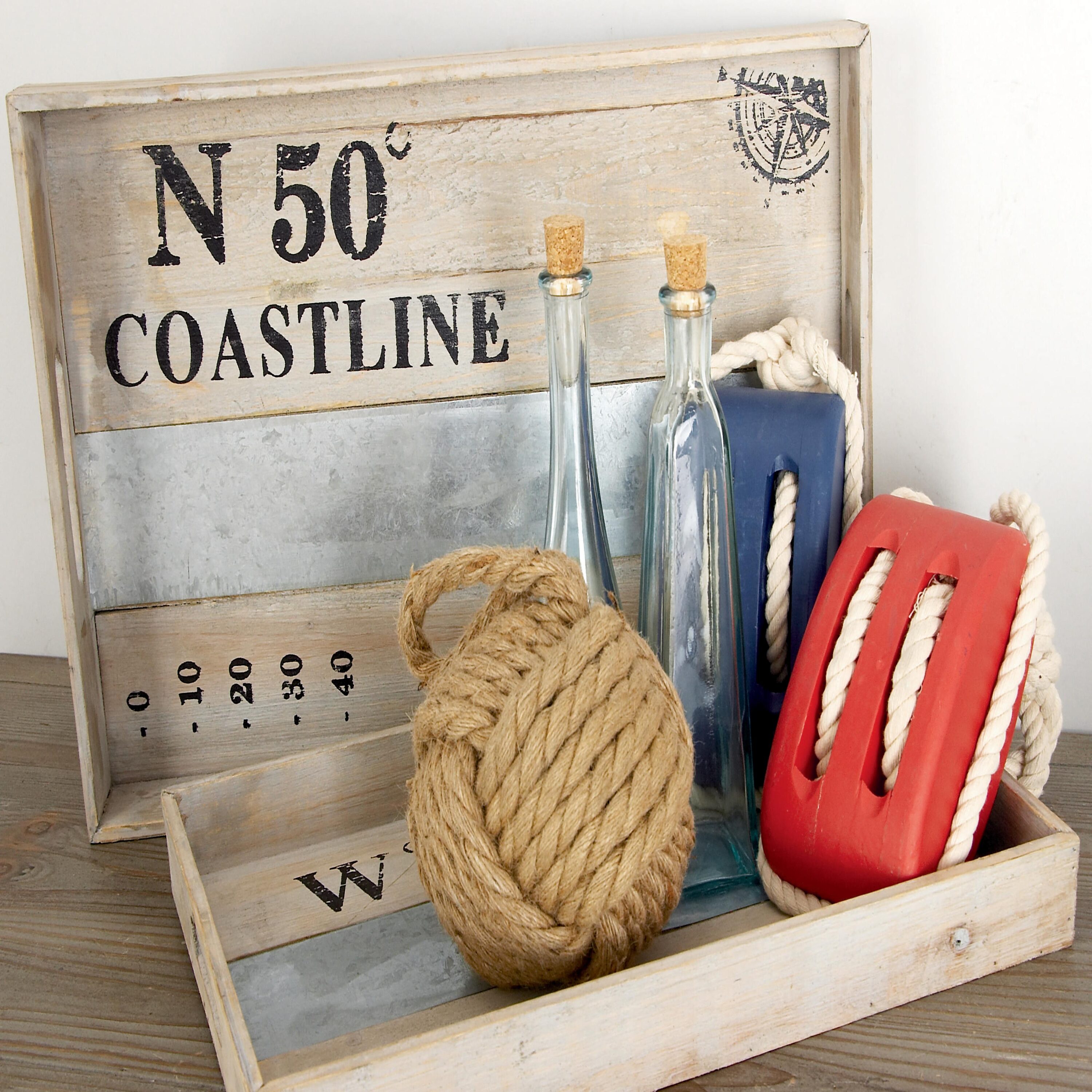 Nautical Brown Fir and Metal Decorative Tray Set