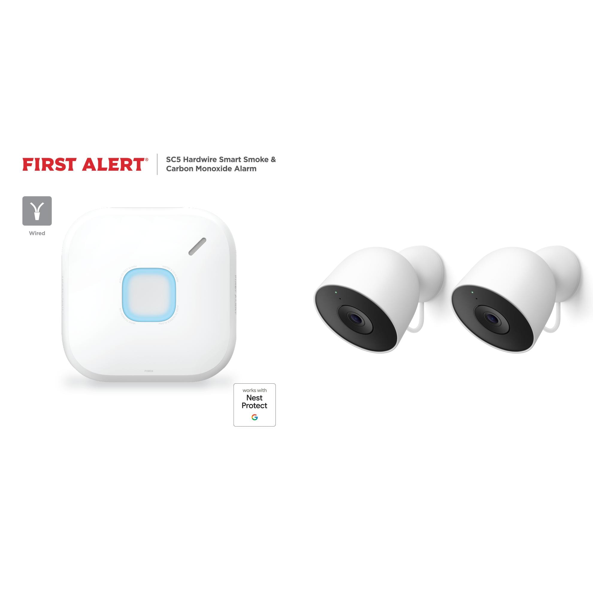 First Alert   Hardwired Smart Combo Alarm & Google Nest Indoor/Outdoor Cameras