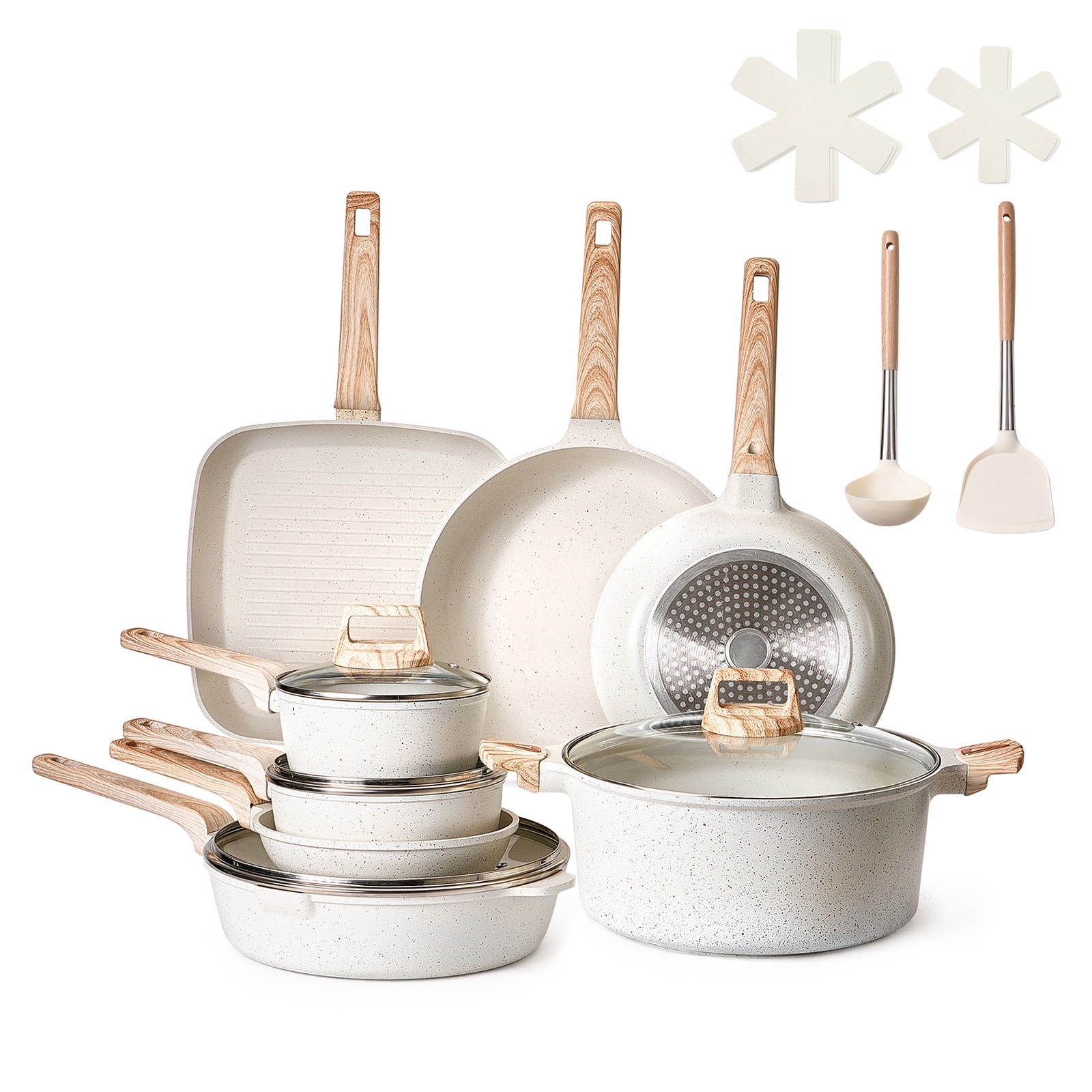 GIVIMO 19-Piece Granite Nonstick Cookware Set with Tempered Glass Lids Induction Pots and Pans Set in White