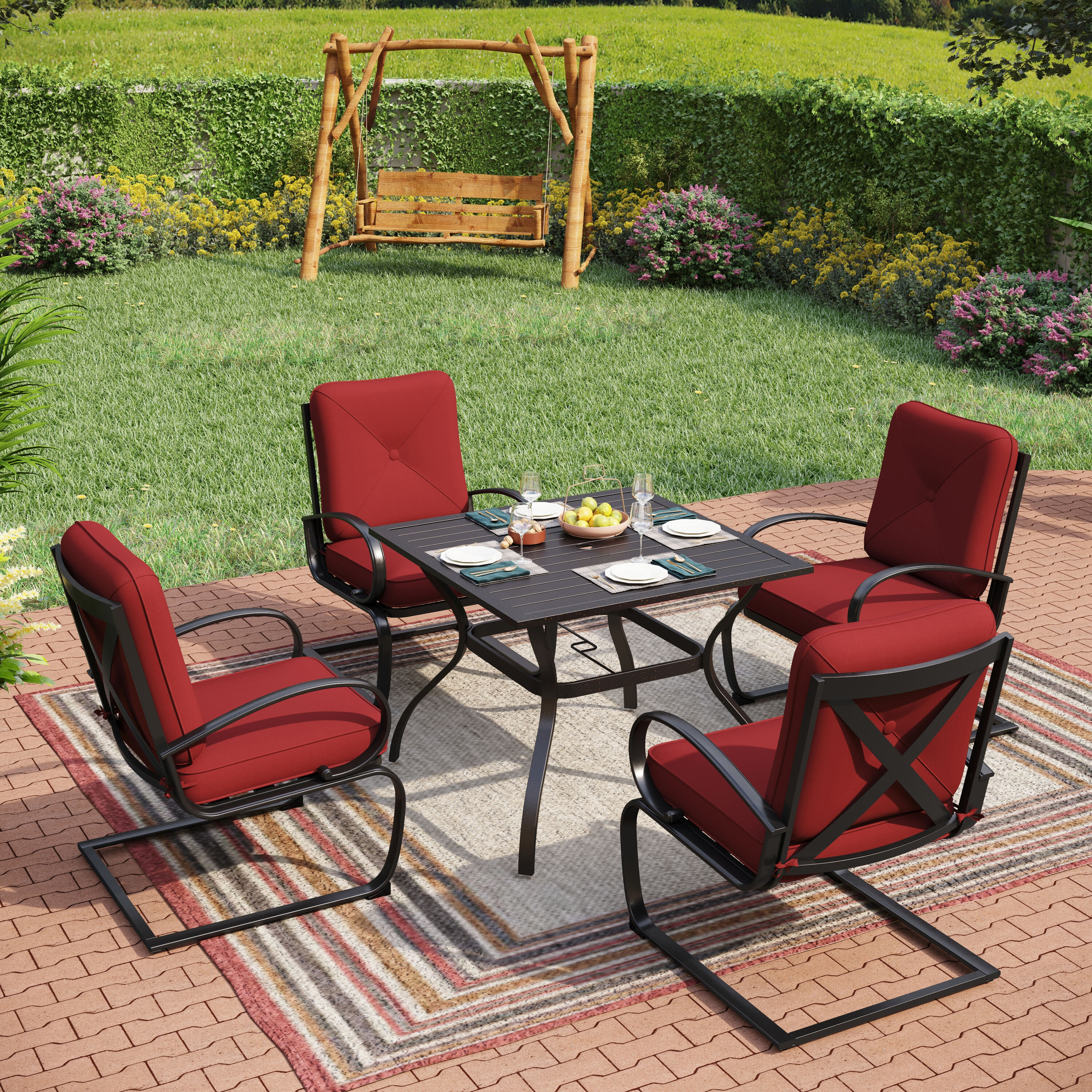 Sunshine Valley E02GS001-3602-S Outdoor Table and Chairs 5 -Piece Black Patio Dining Set Steel Square Table with 4 Red Cushions C-spring Chairs Fire Pit Included