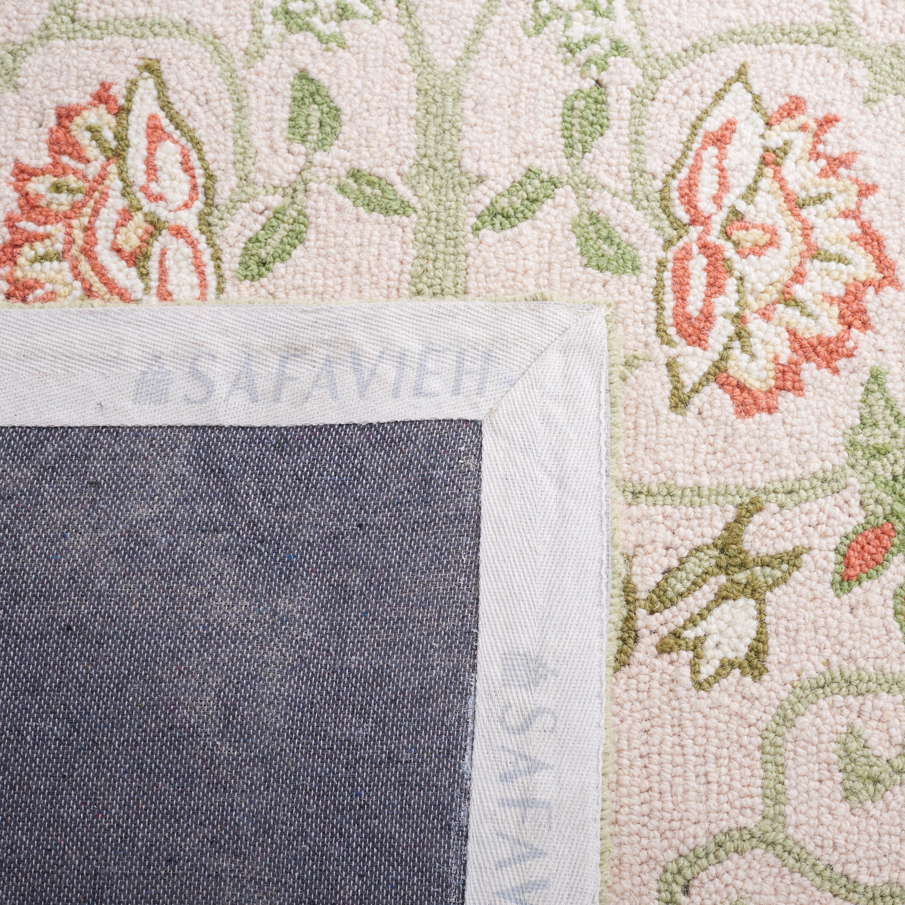 Beige and Green Floral Hand-Knotted Wool Area Rug