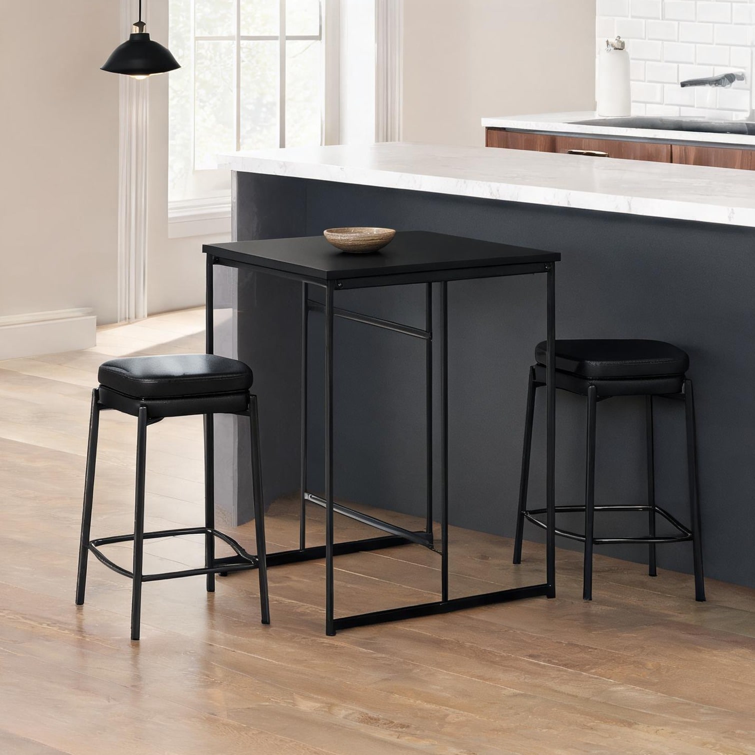 SunJet Modern rectangular dining table counter height compact 32-inch seats 2 jet black laminate with metal base