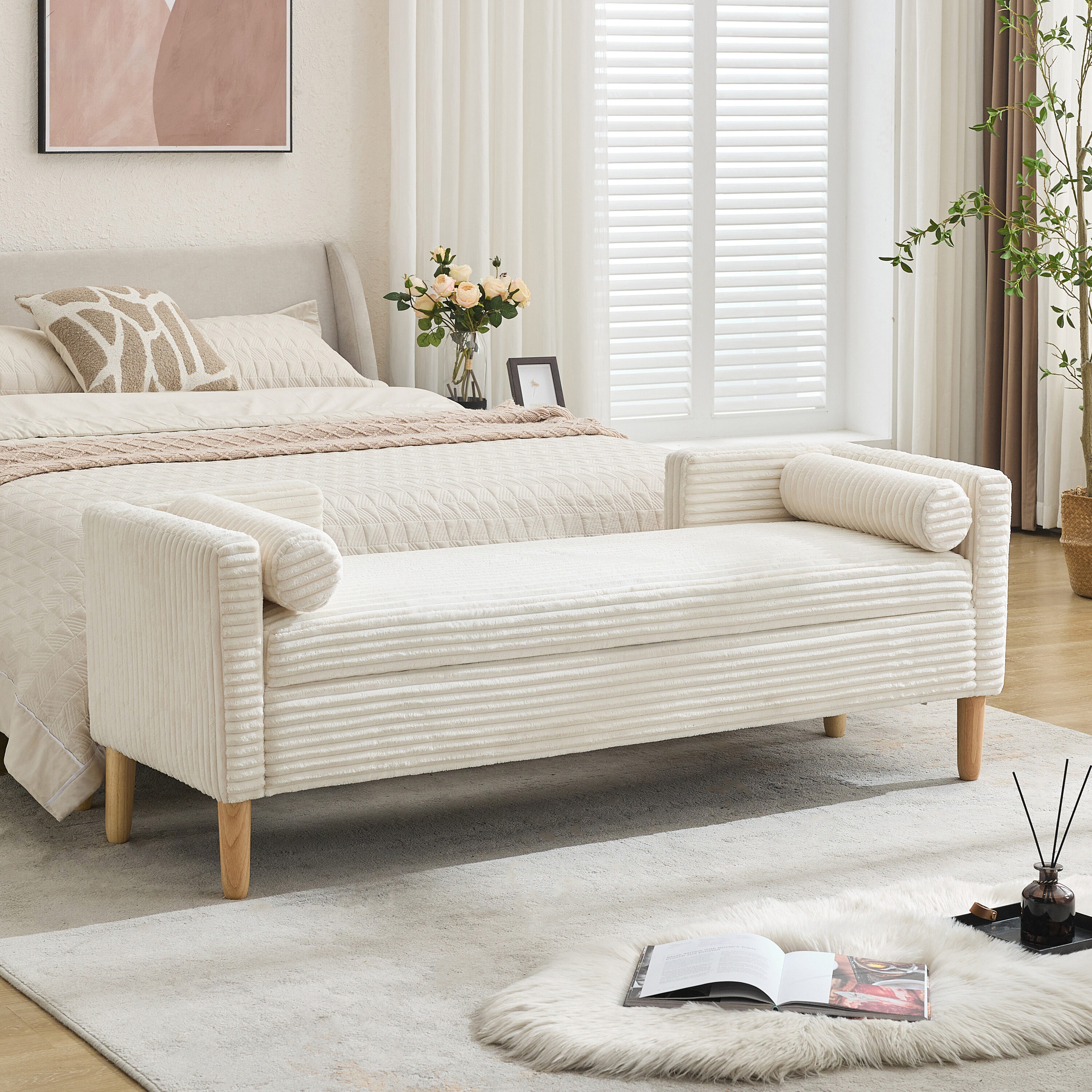 Hrinhom HC-S4112-IVORY Modern IVORY Storage Bench with Storage 65.35-in x 21.06-in x 22.83-in