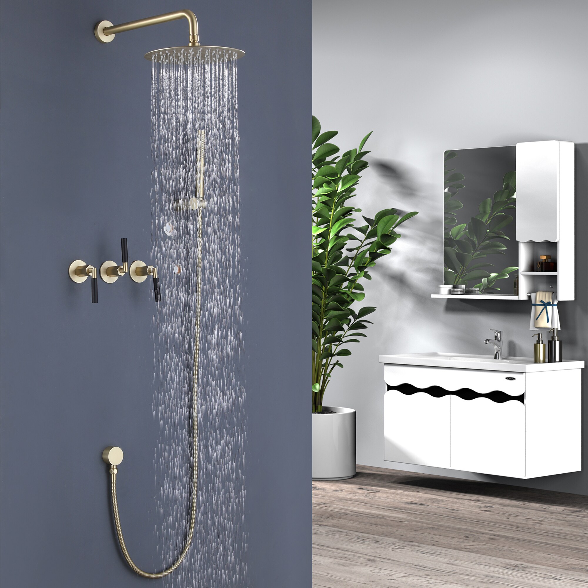 Wellfor Brushed Gold Dual Head Built In Shower Faucet System With 2 Way