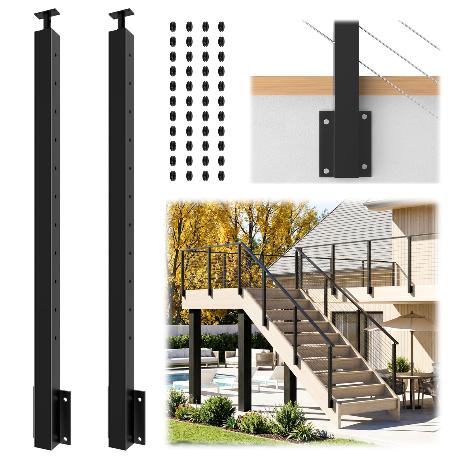 ITOPFOX -  2 pack side mount stair cable railing post 44 inch black for 36 to 38 inch stair raili...
