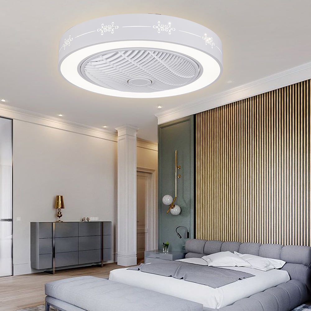 Oukaning HG-HCXLST-4170-US 23-in Color-Changing Integrated LED Flush Mount White Hollow Knot Dimming with ABS Blades Ceiling Fan With Light - Remote Included ( 5 -Blade )