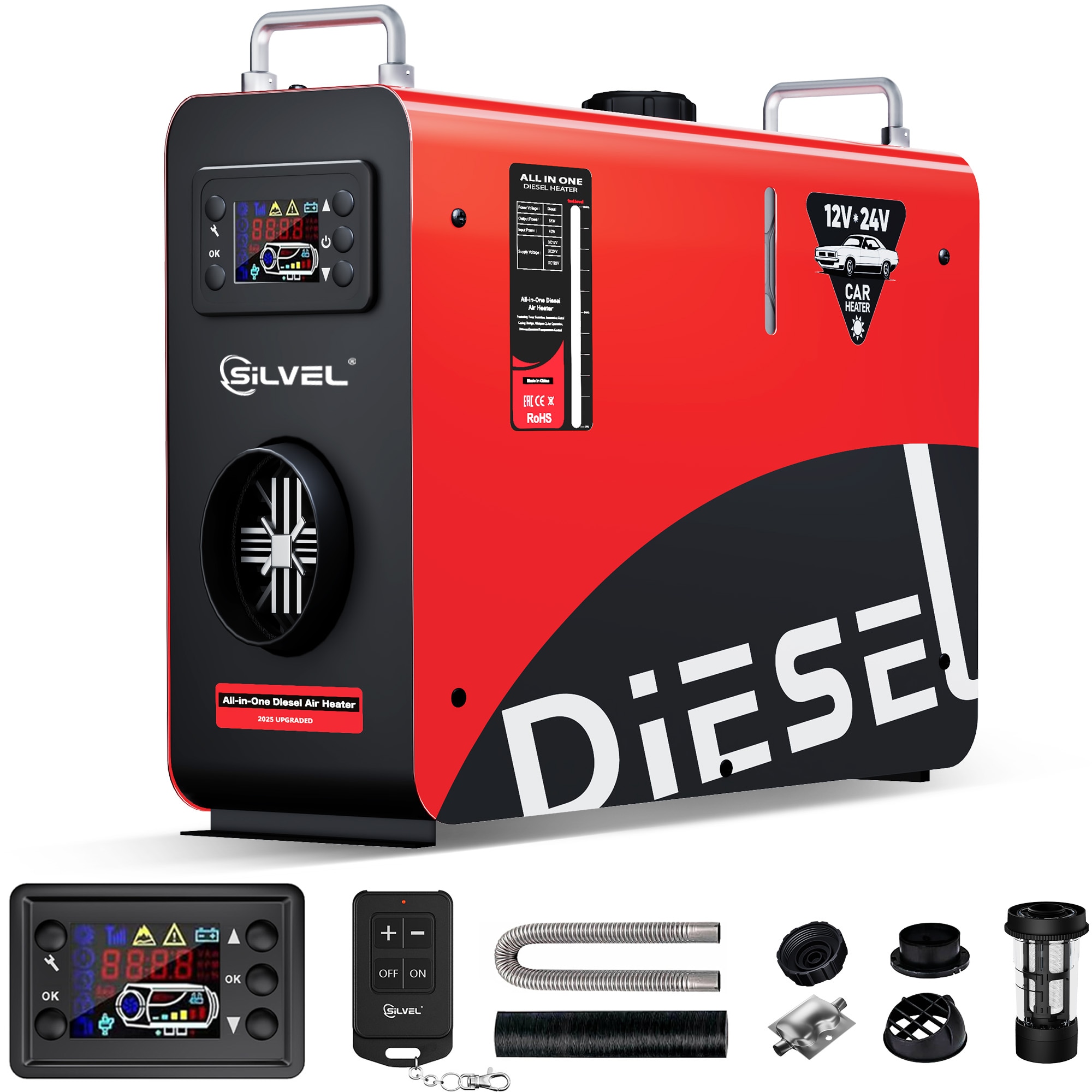 Silvel  Diesel Air Heater All‑in‑One Portable 4L Tank Red 12V24V LCD Remote Control Suitable for Vehicles Outdoors