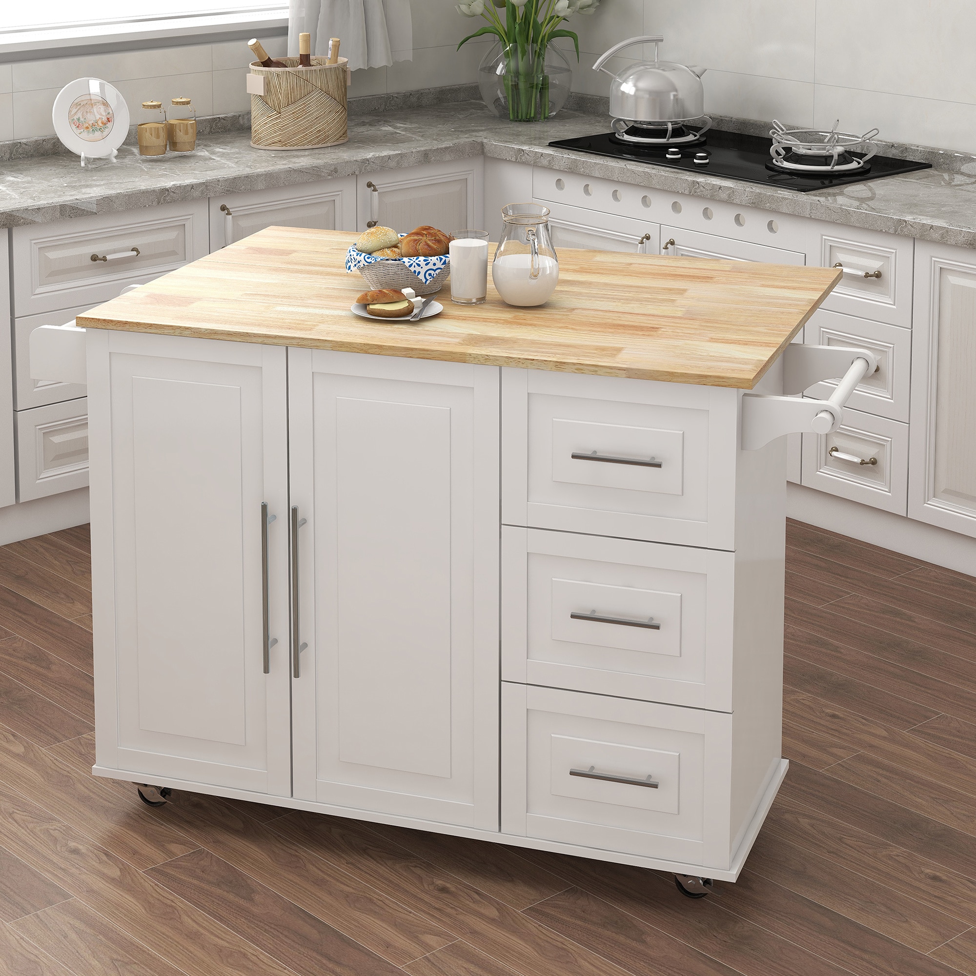 BABOOM BOM-6601AAG-OR White MDF Base with Wood Rolling Kitchen Island ( 30.04-in x 53.54-in x 36.02-in )