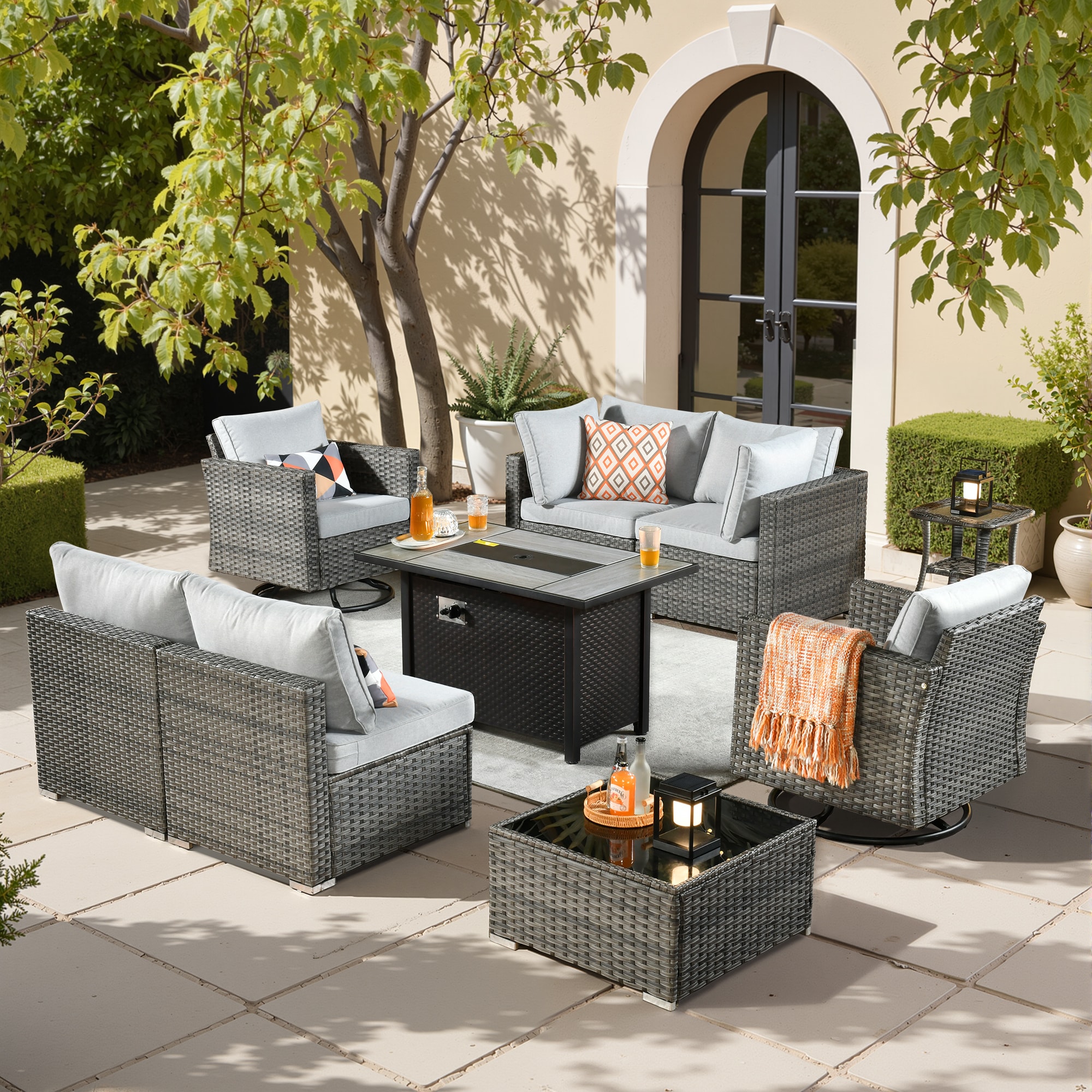 weaxty DCFP03RRSGRS409 Kuuga 9 -Piece Rattan Patio Conversation Set with Gray Cushions