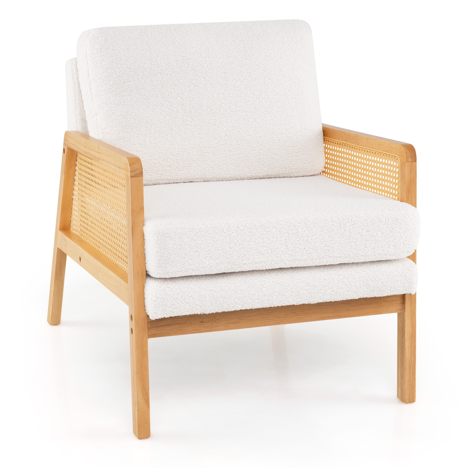 Slickblue 1 Piece Boho Natural and Beige Sherpa Fabric Rattan Accent Chair with Pillow for Living Room or Bedroom