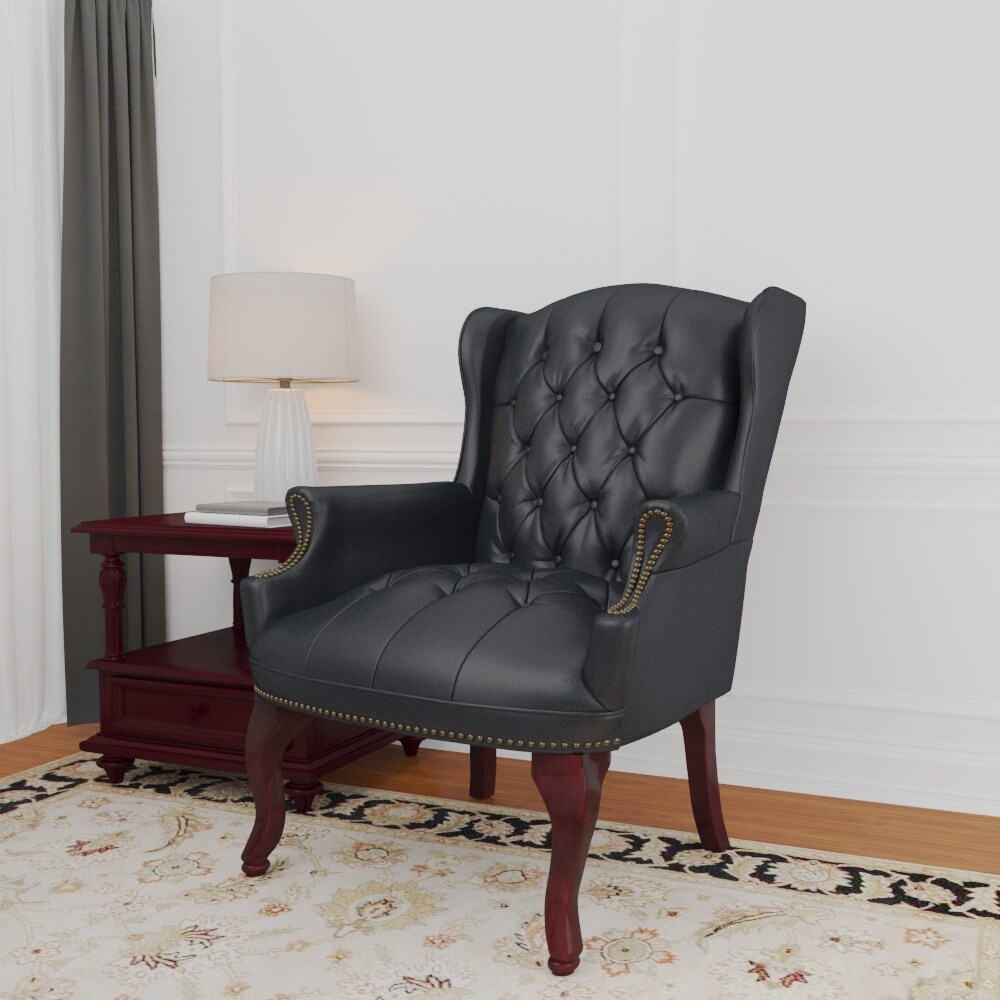Ergonomic Wingback Vinyl Guest Chair with Mahogany Wood Base - Black