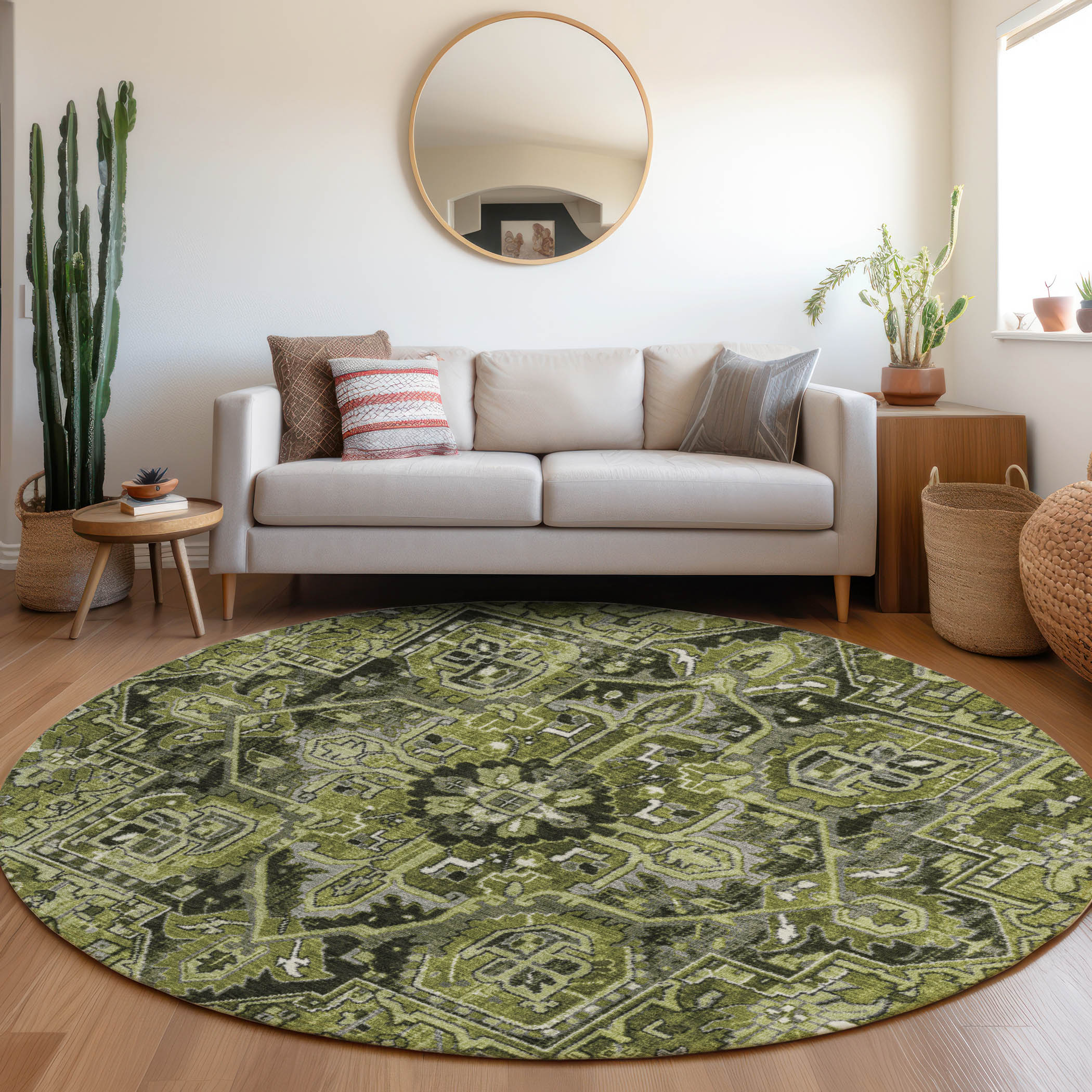 Addison Rugs ACN570OL8RO Chantille ACN570OL 8 x 8 (ft) Polyester Olive Round Indoor/Outdoor Ikat Oriental Machine washable Area rug