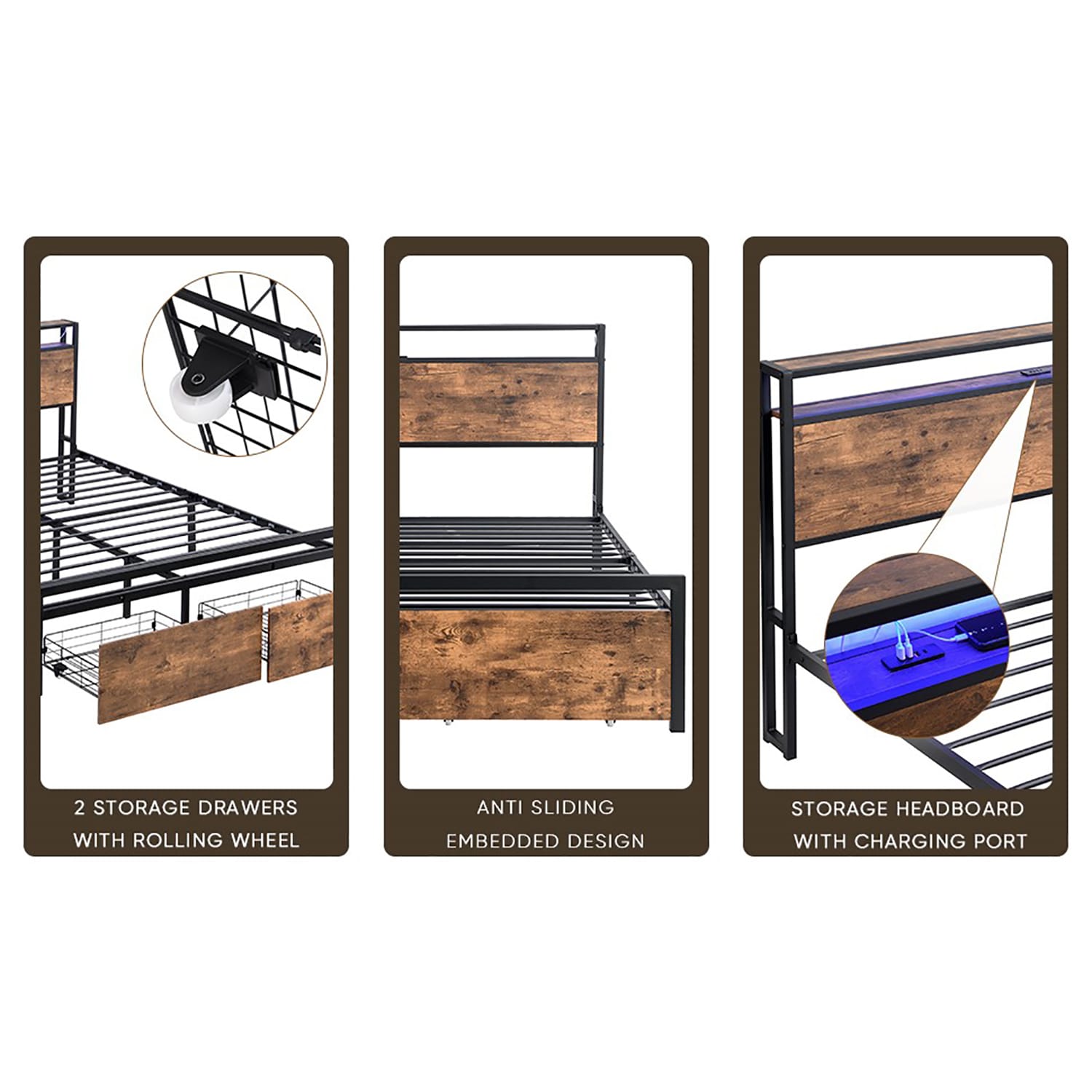 GZMR Black+Brown Full Metal Bed Frame With Storage In The Beds ...