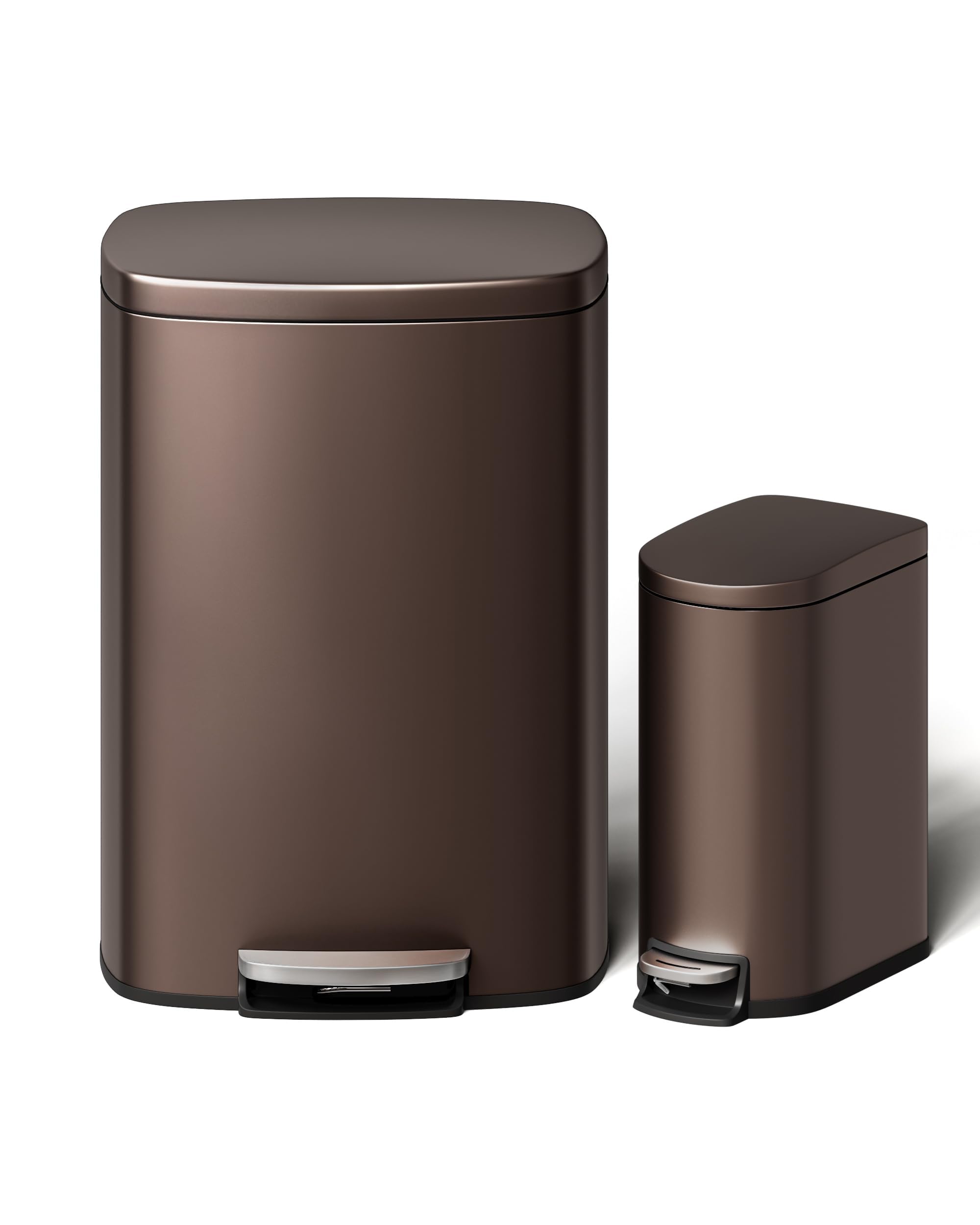DEXSO 50L And 10L Trash Can Combo Set Step-On Rectangular Rustproof with Soft-Close Lid Brown