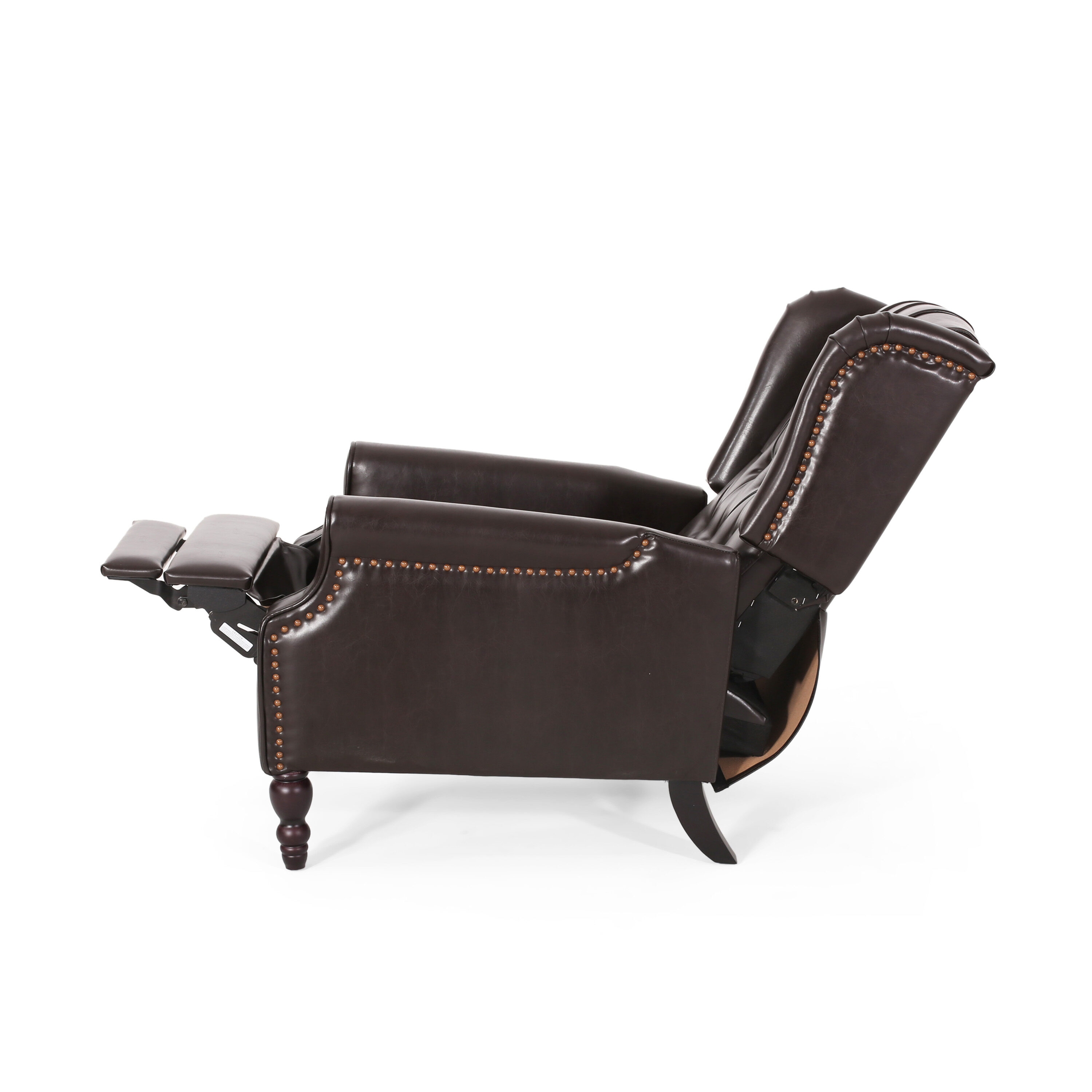 Brown Tufted Leather Wingback Recliner with Wood Legs