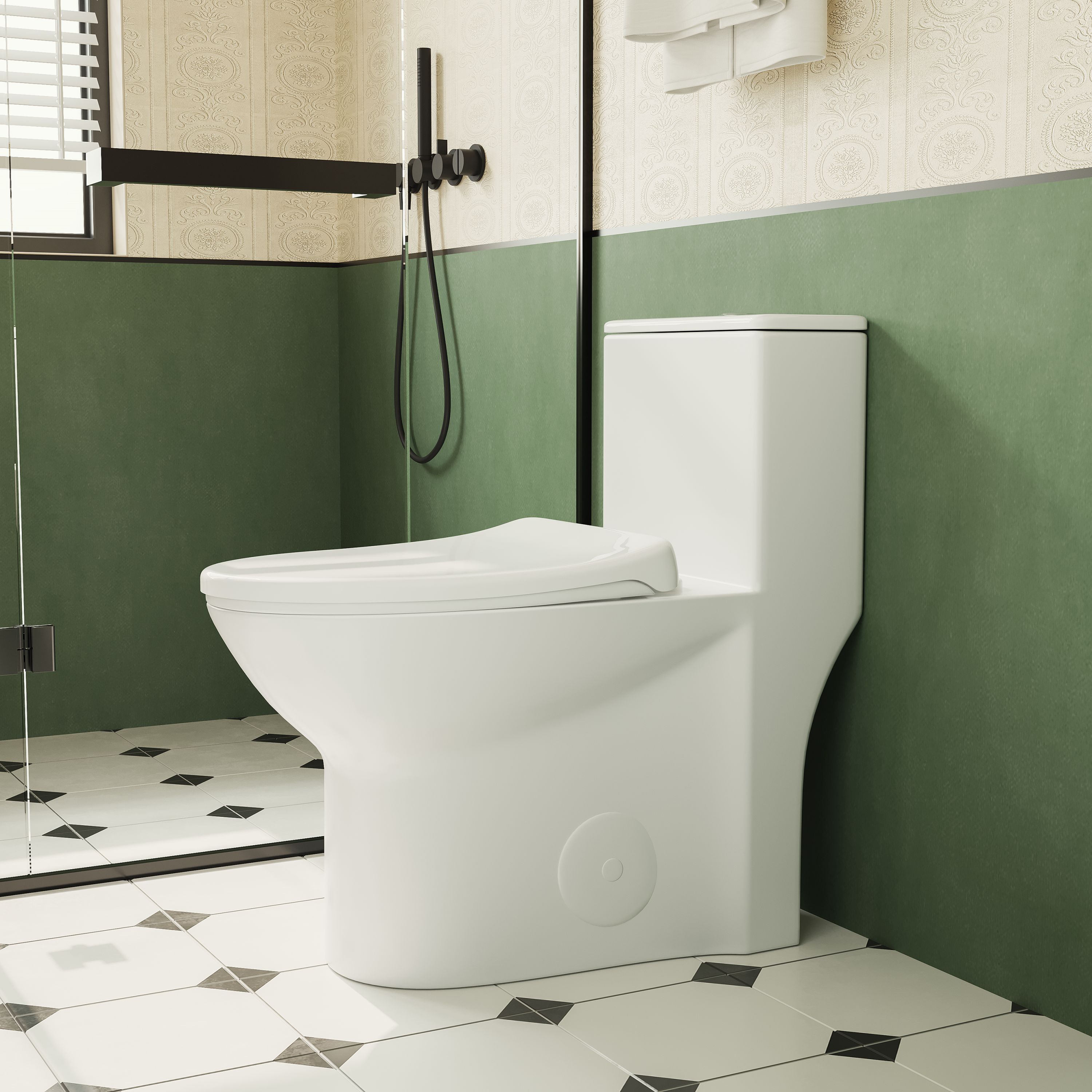 WELLFOR QPZ-PB24740 TL White Elongated Standard height 12-in Rough-In WaterSense 1.6 GPF Dual Slow Close Feature 1-piece Toilet