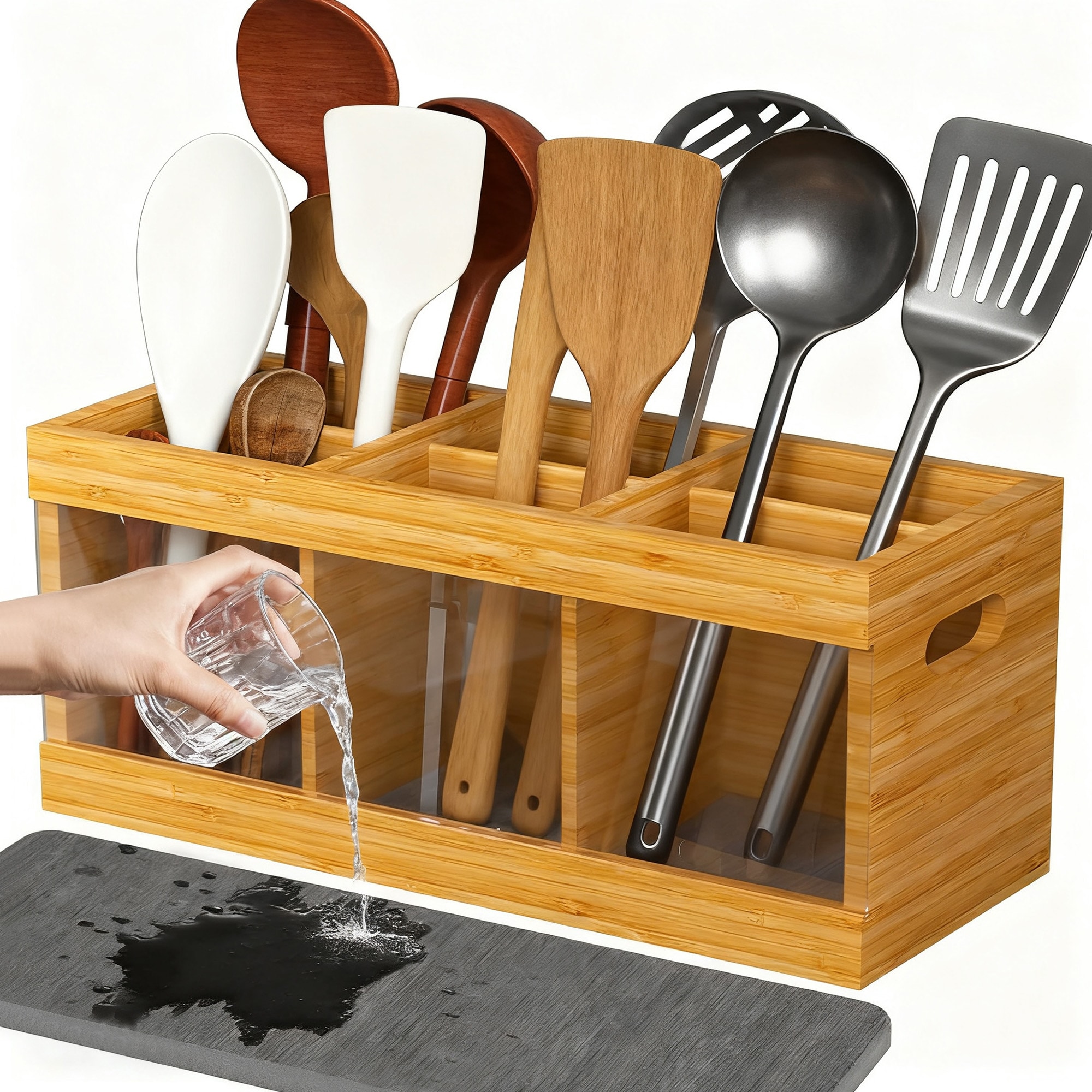 Garvee 10 Inch Wooden Utensil Holder with Diatomaceous Earth Drying Mat Kitchen Countertop Organizer with 6 Compartments Wood Silverware Caddy for Party Home Natural