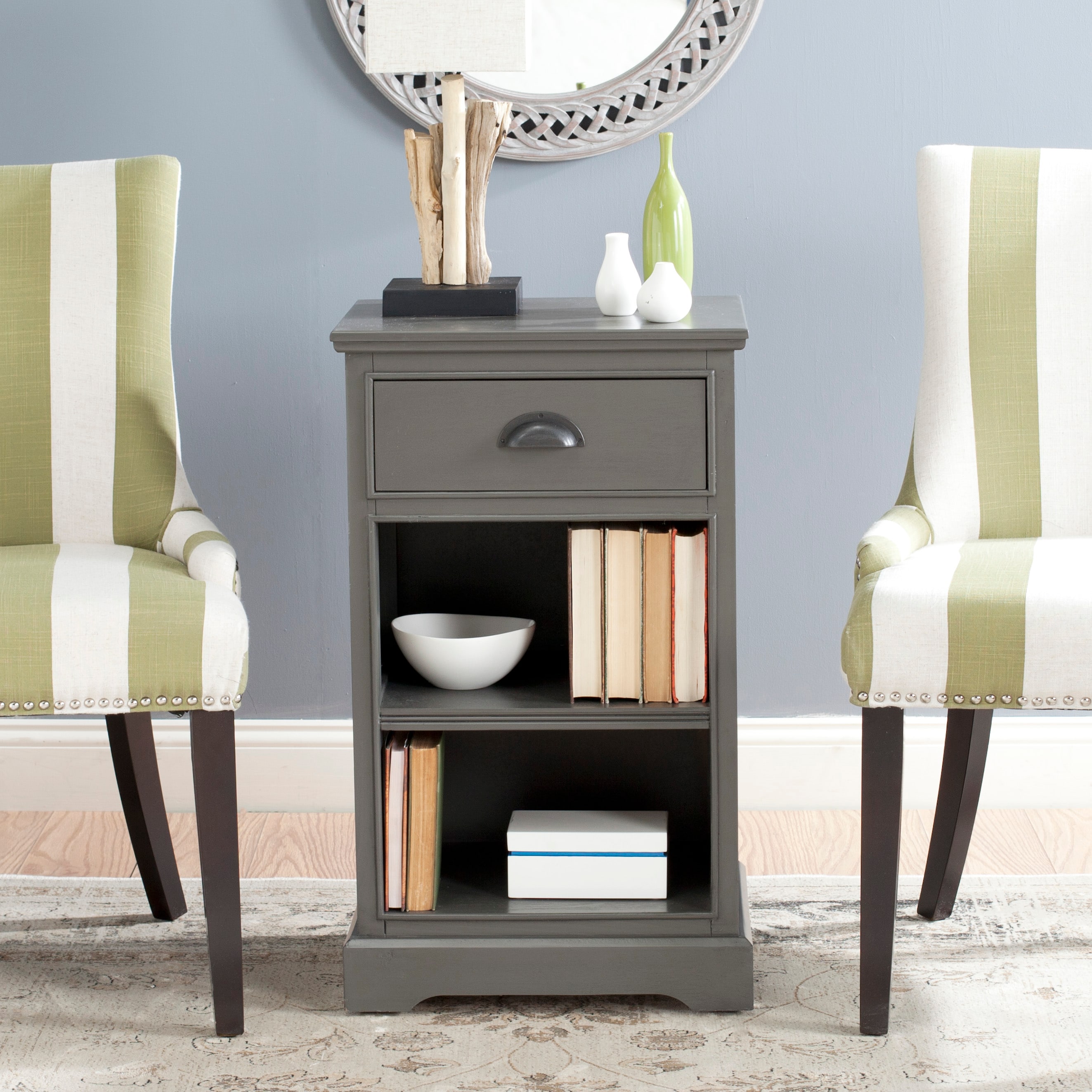 Transitional Gray Pine Wood Side Table with Storage Drawer