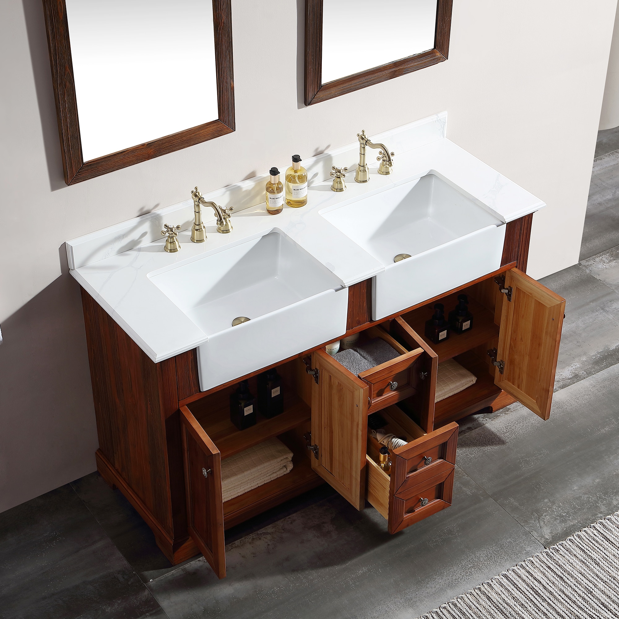 Forclover Solid Wood Bathroom Vanity 60-in Navy Blue Undermount Double Sink  Floating Bathroom Vanity with White Quartz Top in the Bathroom Vanities  with Tops department at