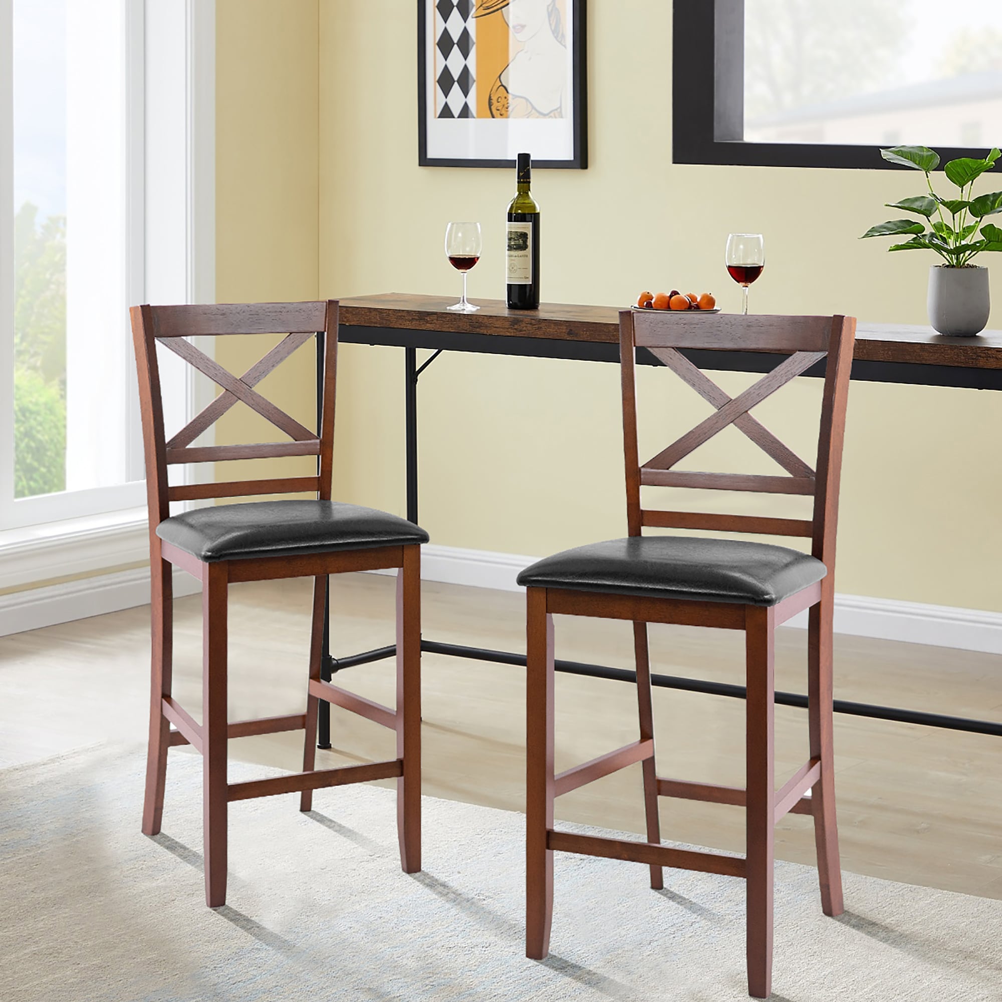 Set of 2 Walnut Wood Bar Stools with Black Leather Seat