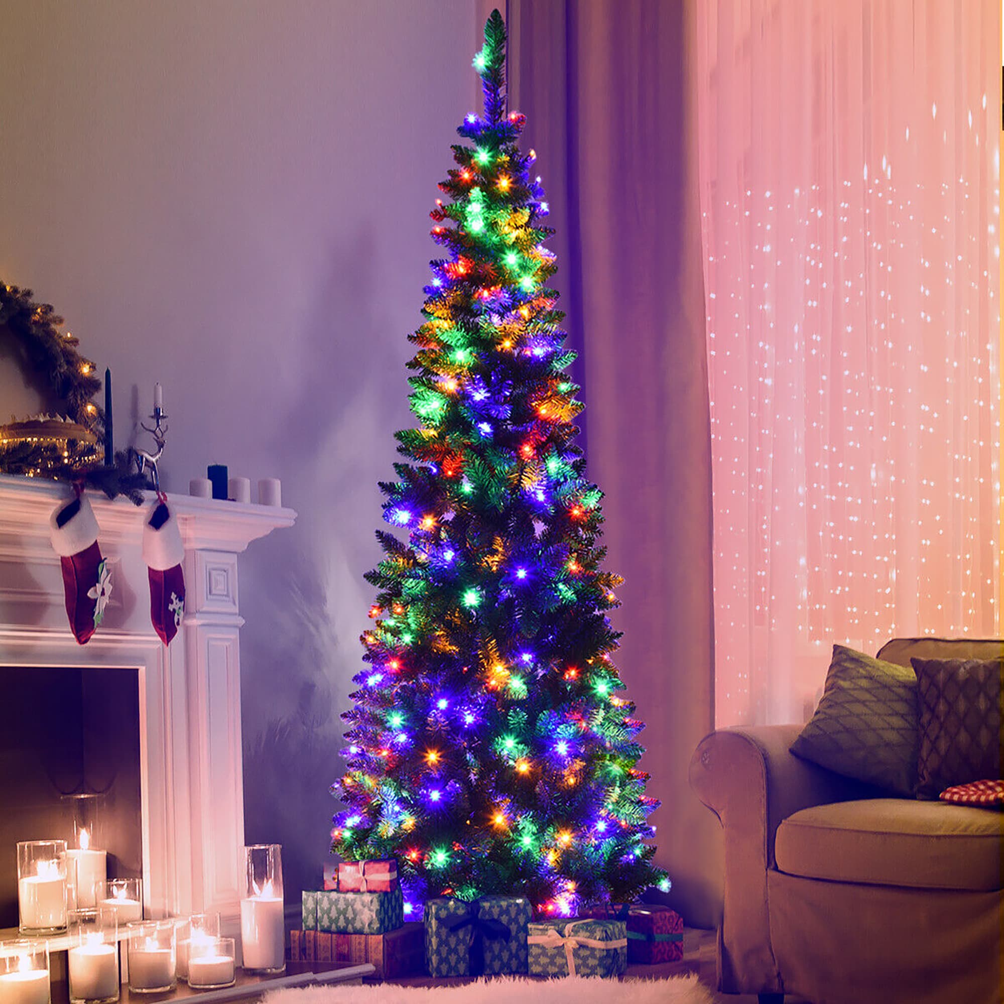 Forclover ALHY-074CM 6.5-Feet Pre-lit Slim Artificial Christmas Tree with Multicolor LED Lights