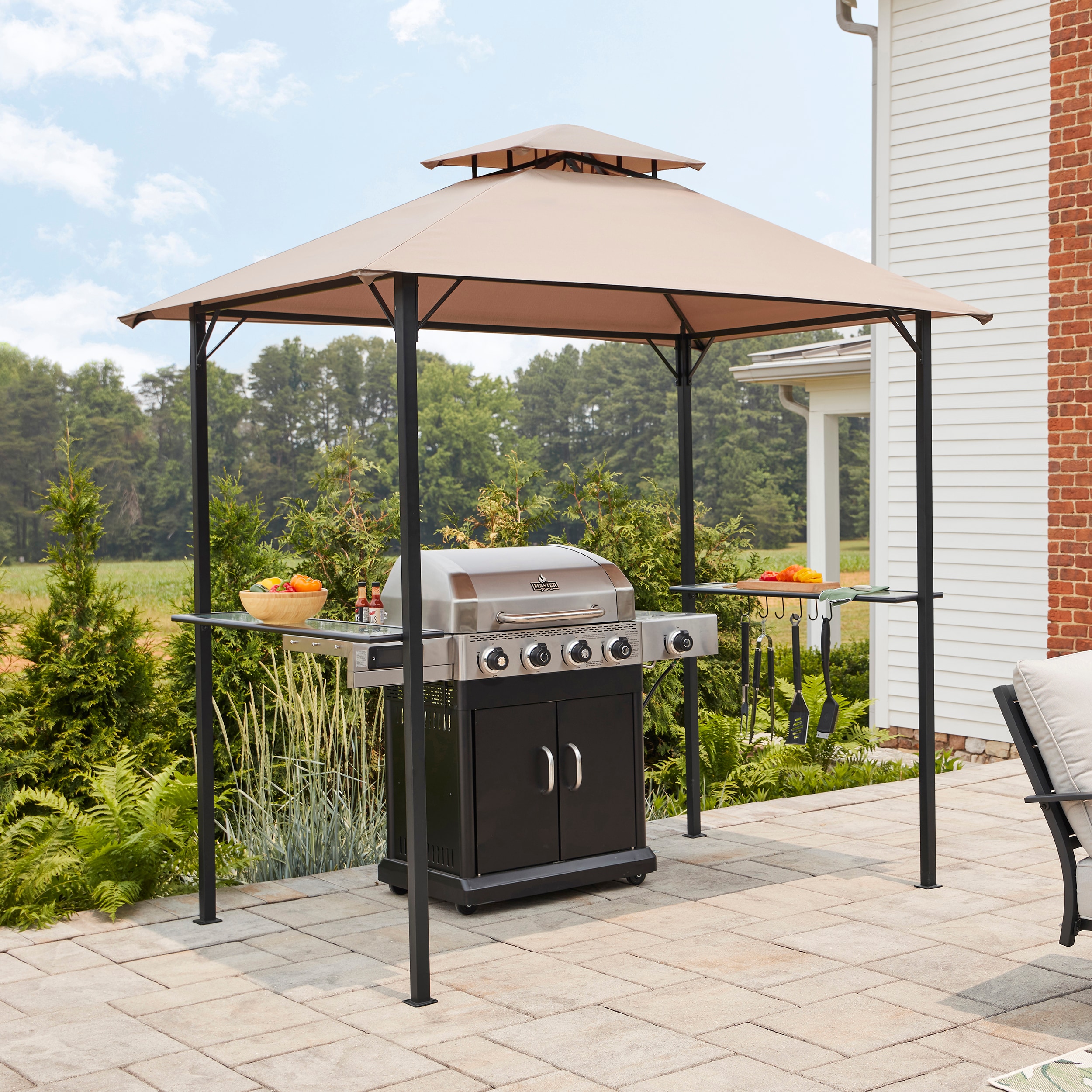 Style Selections TBQ5380 5.05-ft x 7.97-ft Black Grill Gazebo with Soft Top Roof