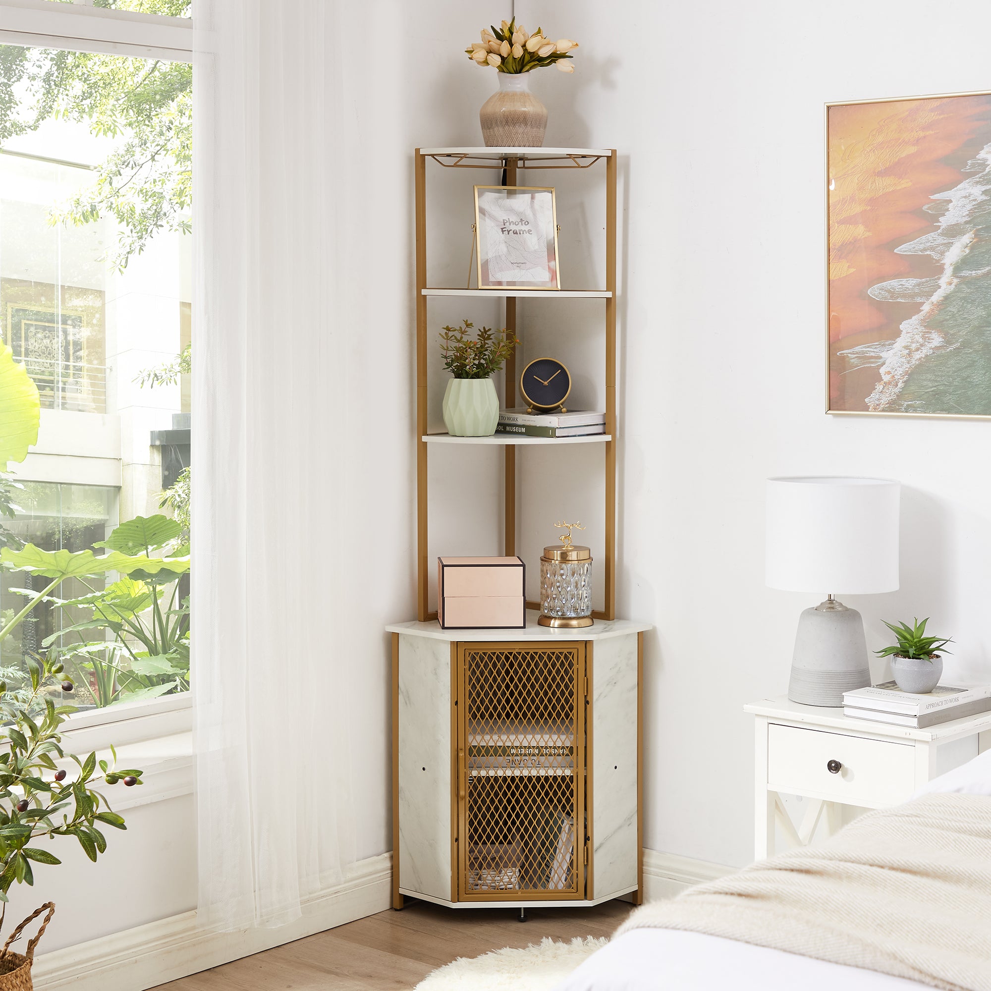 Vecelo LOE-XF-CS04-GLD Tall Corner Cabinet with Storage Shelf Bookshelf Display Shelves Rack for Living Room Kitchen Balcony
