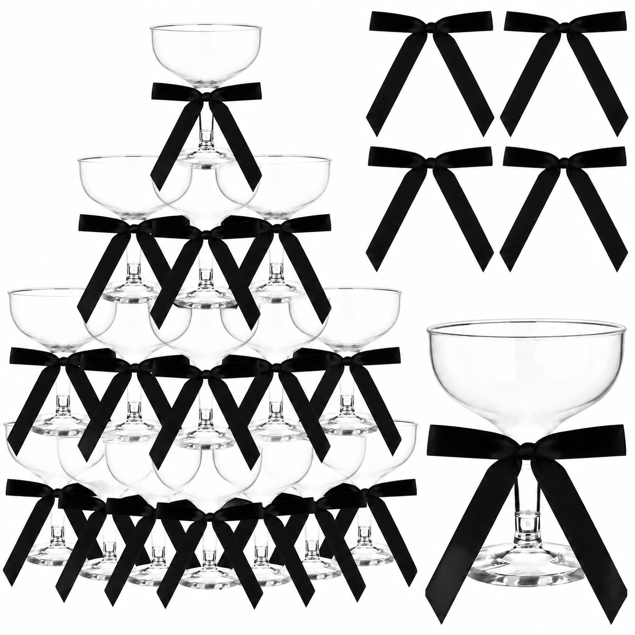 Aoibox  Plastic Champagne Coupe Glass Set of 50 5 oz Acrylic Martini Glasses with Black Satin Ribbon Bow for Bar