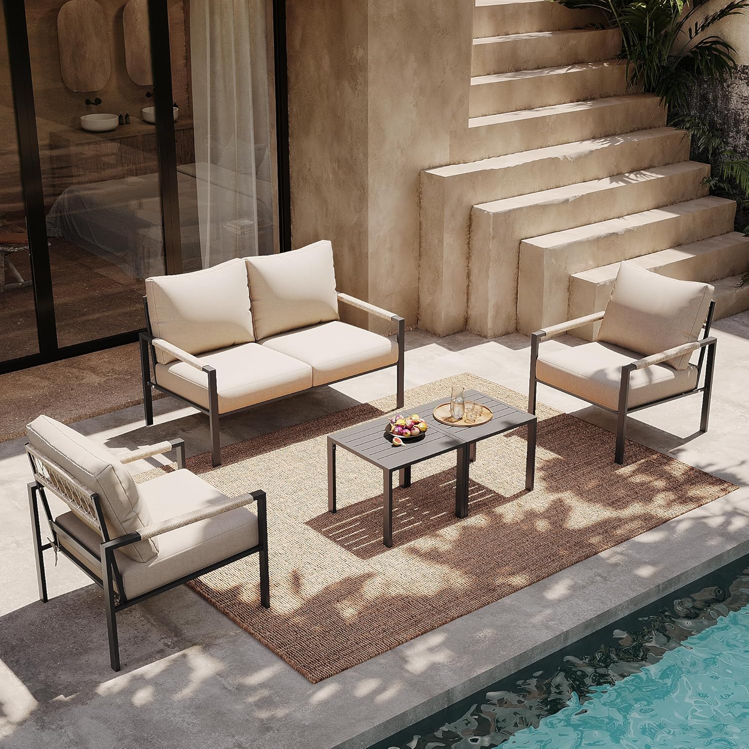 AURA OUTDOOR SIS001-BE 5 -Piece Rattan Patio Conversation Set with Light Gray Cushions