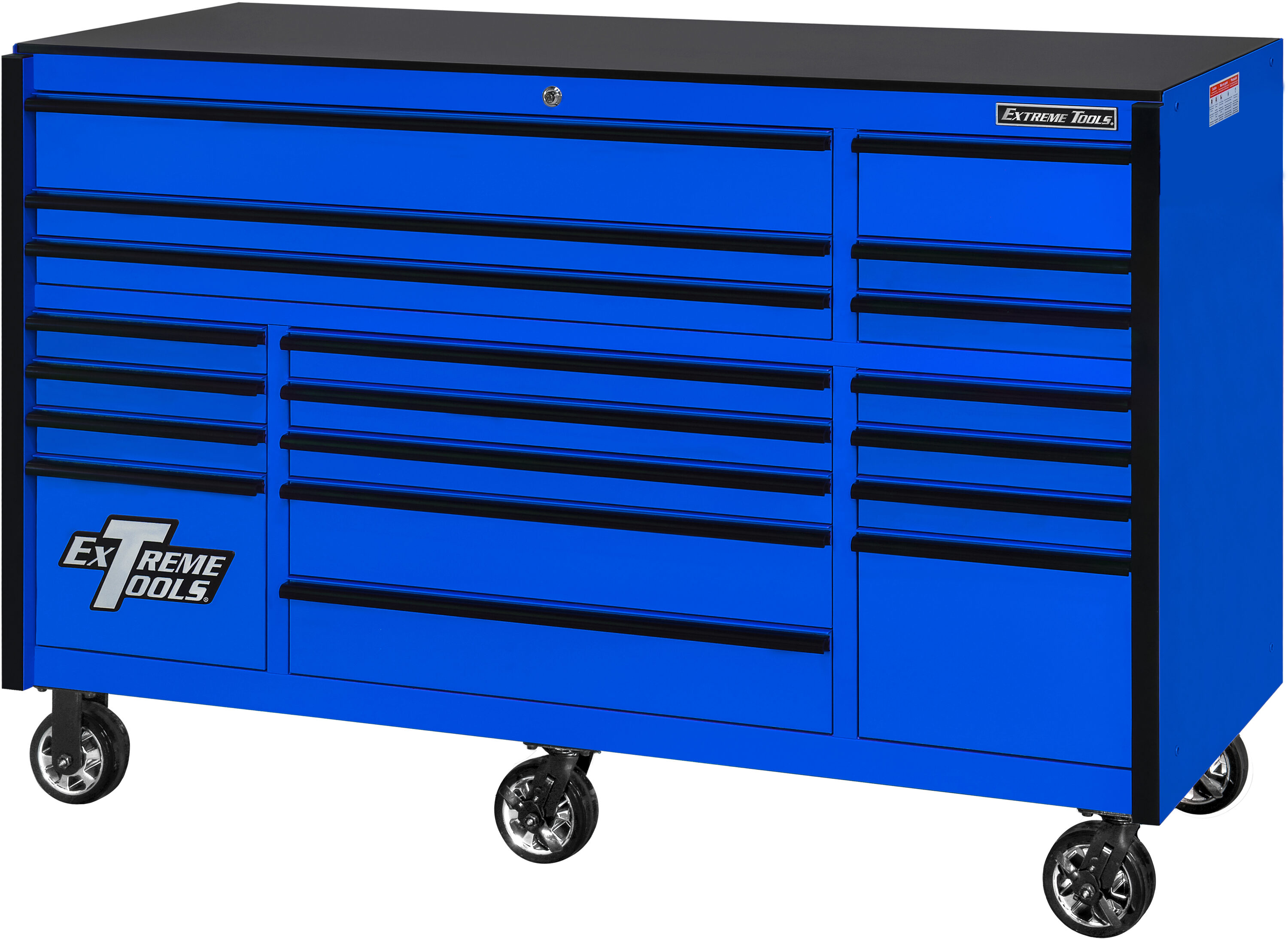 RX Professional 72 in. 19-Drawer Blue Rolling Tool Cabinet with 150 lbs. Slides and Black Drawer Pulls -  Extreme Tools, RX722519RCBLBK-X