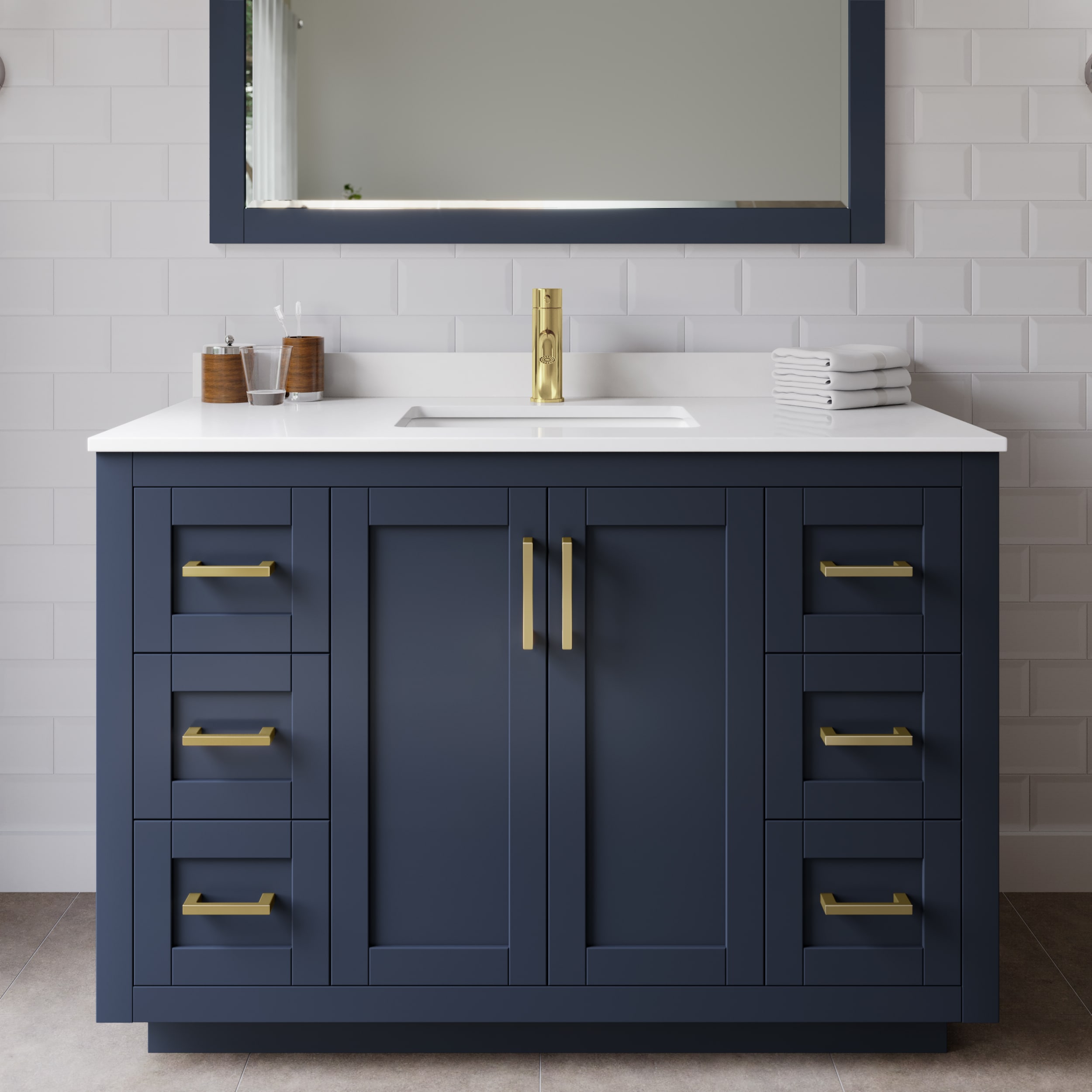 Wyndham Collection WCF292948SBLWCUNSMXX Miranda 48-in Dark Blue with Brushed Gold Trim Undermount Single sink Bathroom Vanity with White Cultured Marble Cultured marble Top