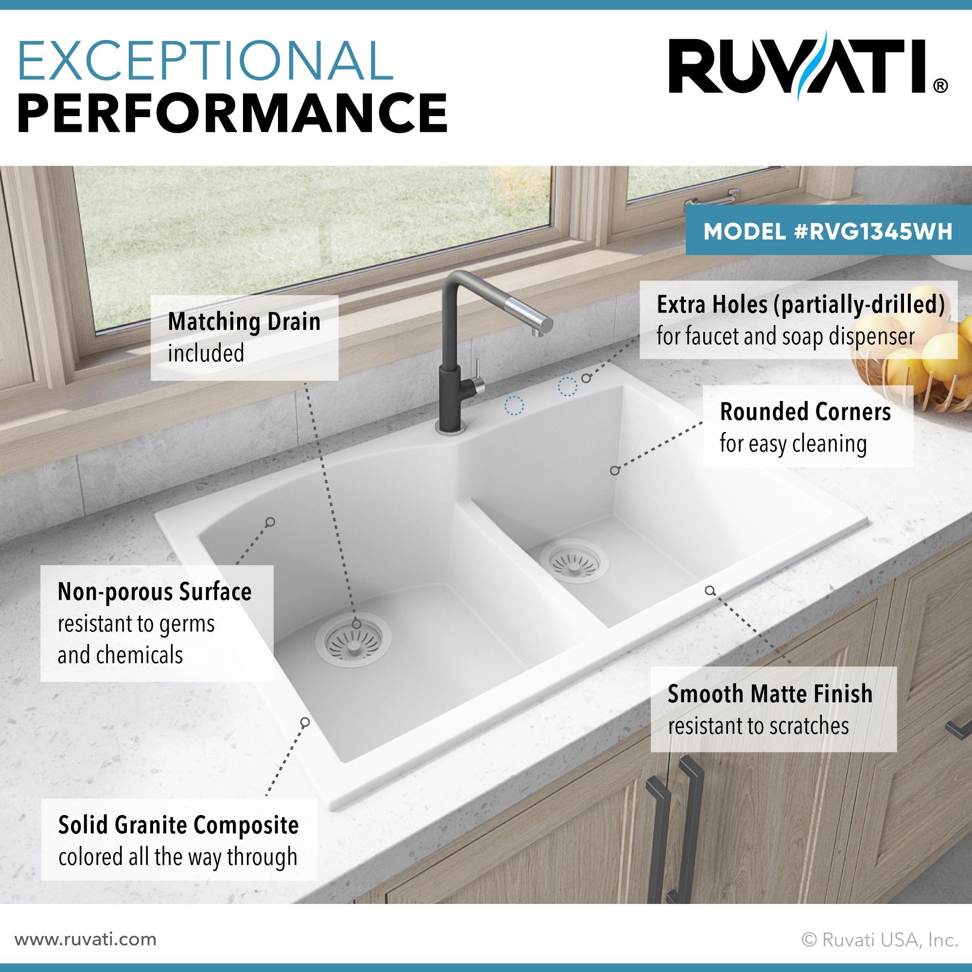 Ruvati epiGranite Drop-In 33-in x 22-in White Granite Double Offset ...