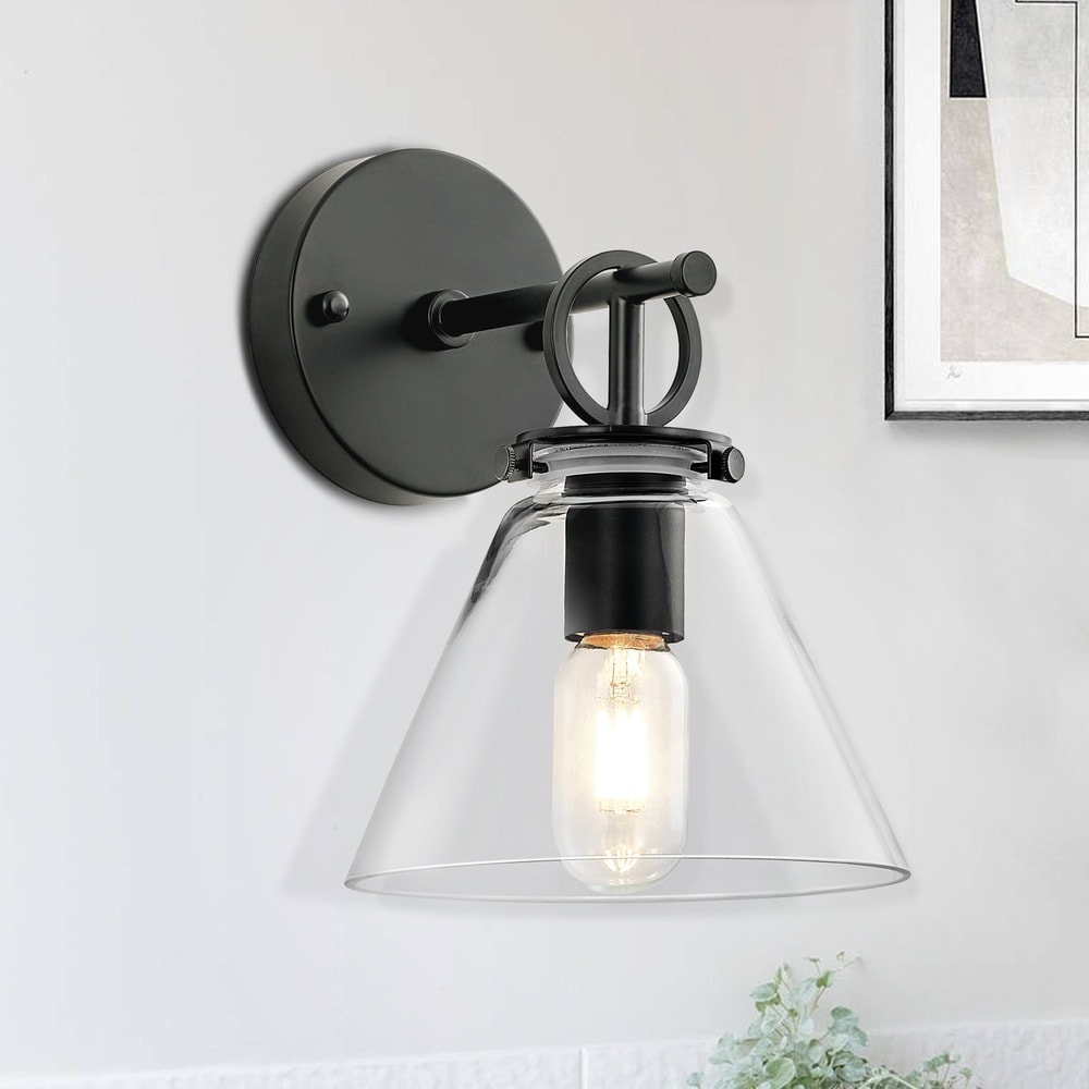 Henveton Wigston 7.3 in 1 Light Matte Black Transitional Wall Sconce with Clear Glass Shade Indoor for Bedroom Living Room
