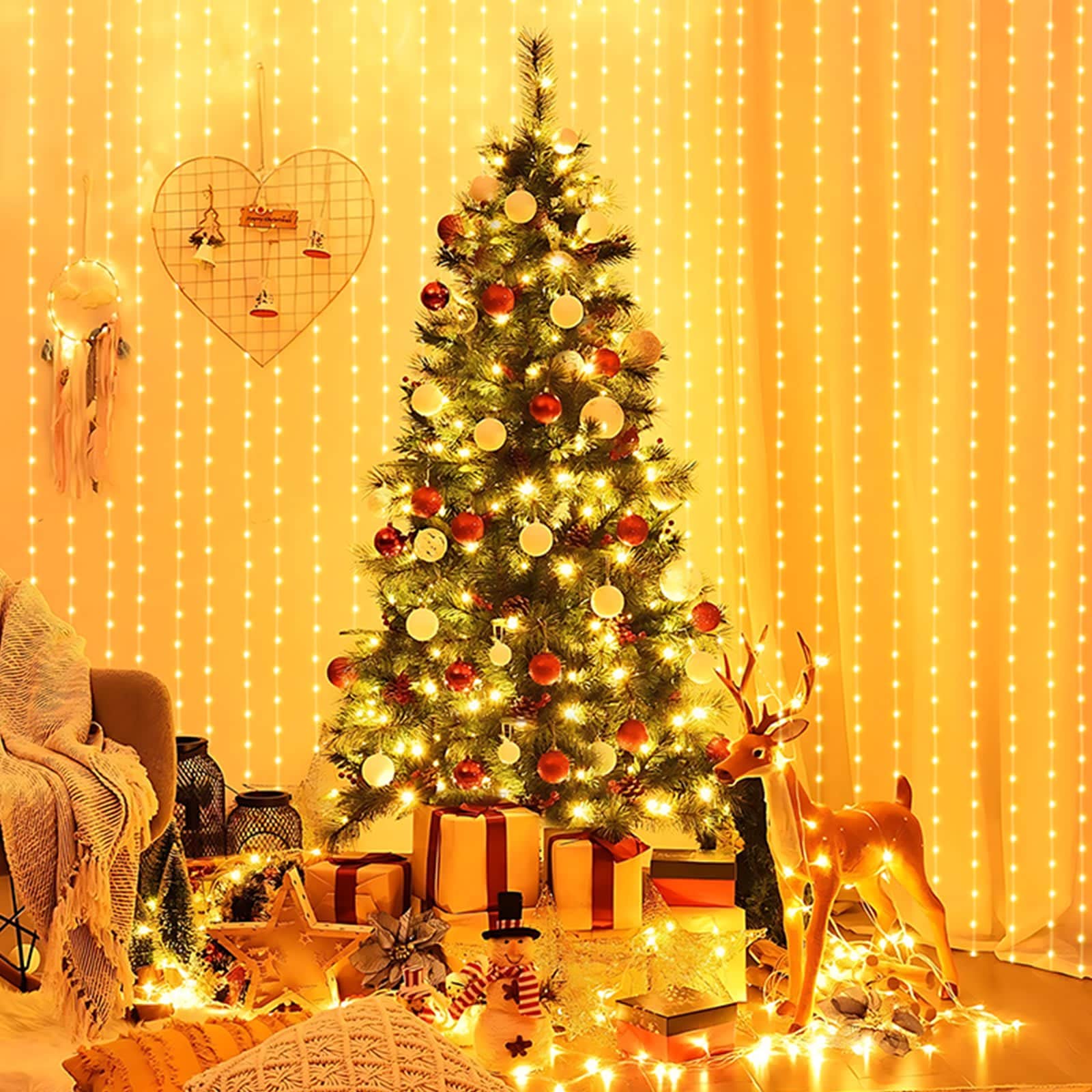 BIGHOUSE BH3003010097 10ft x 10ft Curtain String Lights with Remote 300 LED Warm White