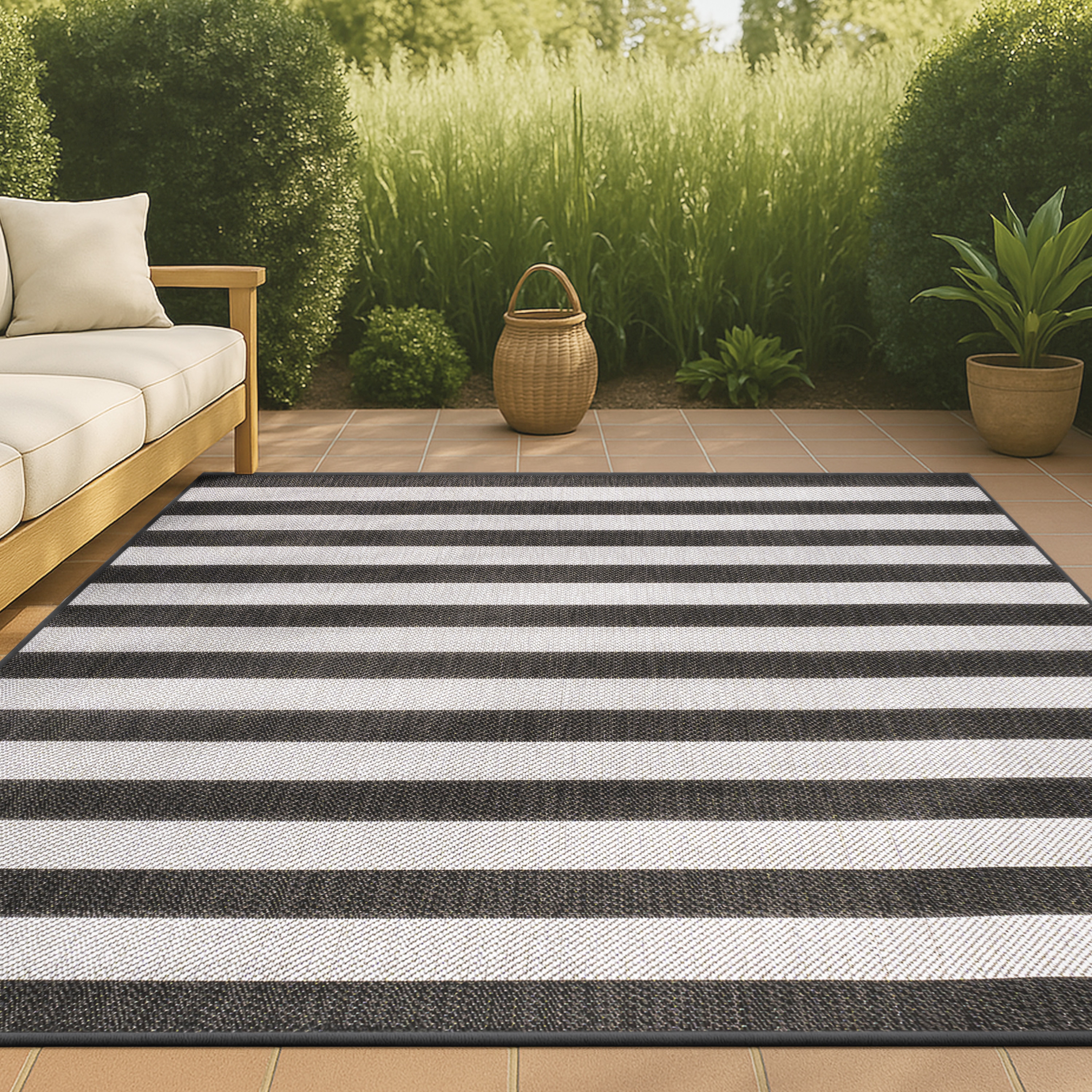 JONATHAN  Y SMB203C-4 Santa Monica Negril Two-Tone 4 x 6 (ft) Loomed Polypropylene Black/Cream Rectangular Indoor/Outdoor Stripe Farmhouse/Cottage Area rug
