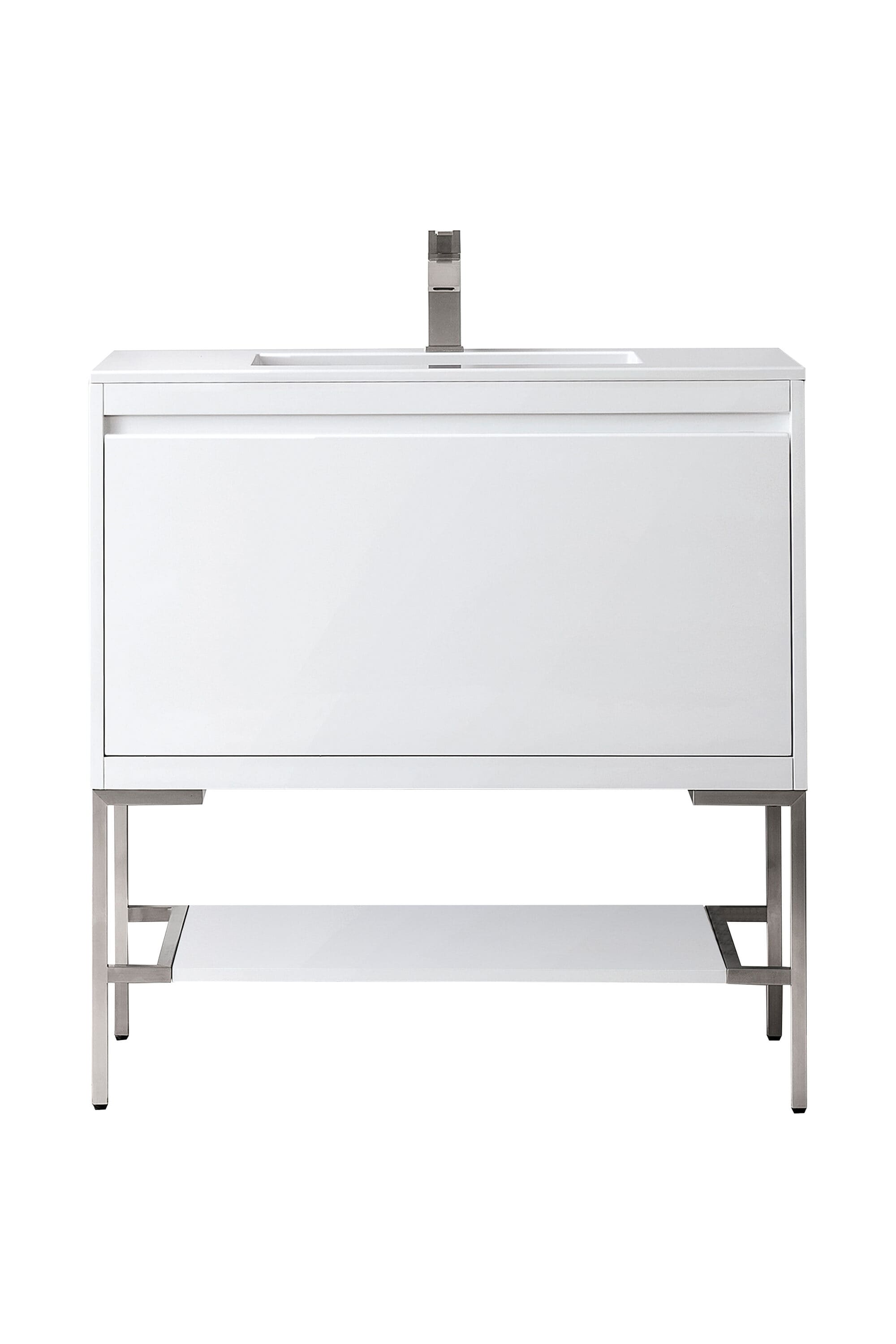 James Martin Vanities 805-V35.4-GW-BN-GW Mantova 35-in Glossy White Single Sink Bathroom Vanity with Glossy White Engineered Stone Top