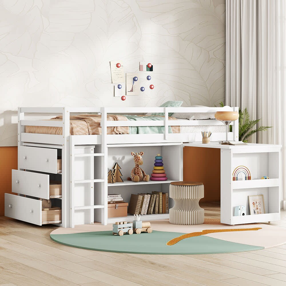 JUJABU White Twin Loft Bed with Drawer Cabinet Shelf Cabinet and Pulling Out Desk Rubber Wood Loft Bed with Safety Guardrail