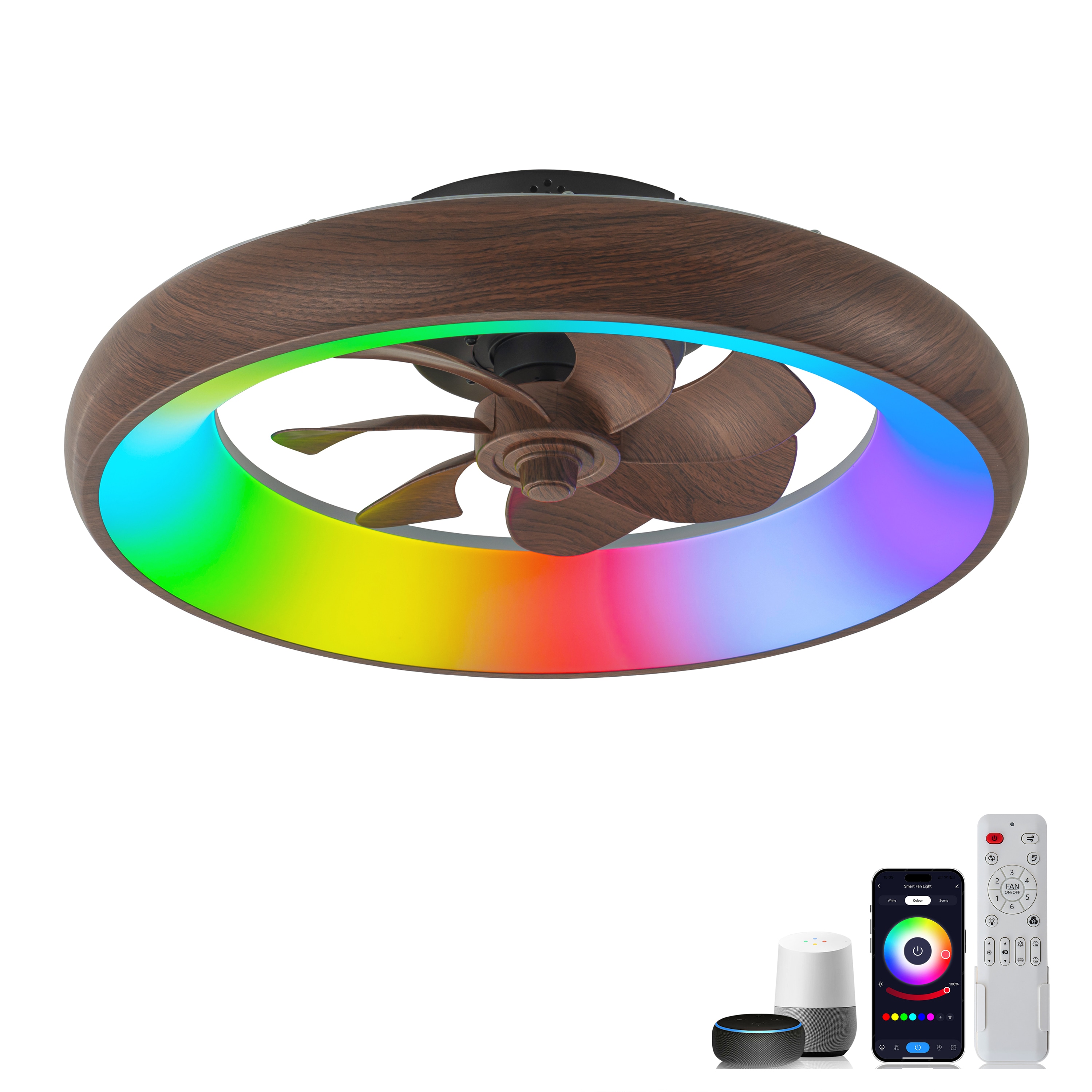 C Cattleya LCA2618-CFP 12-in Color-Changing Integrated LED Flush Mount Smart Dark Woodgrain with Dark Woodgrain Blades Ceiling Fan With Light - Remote Included ( 7 -Blade )