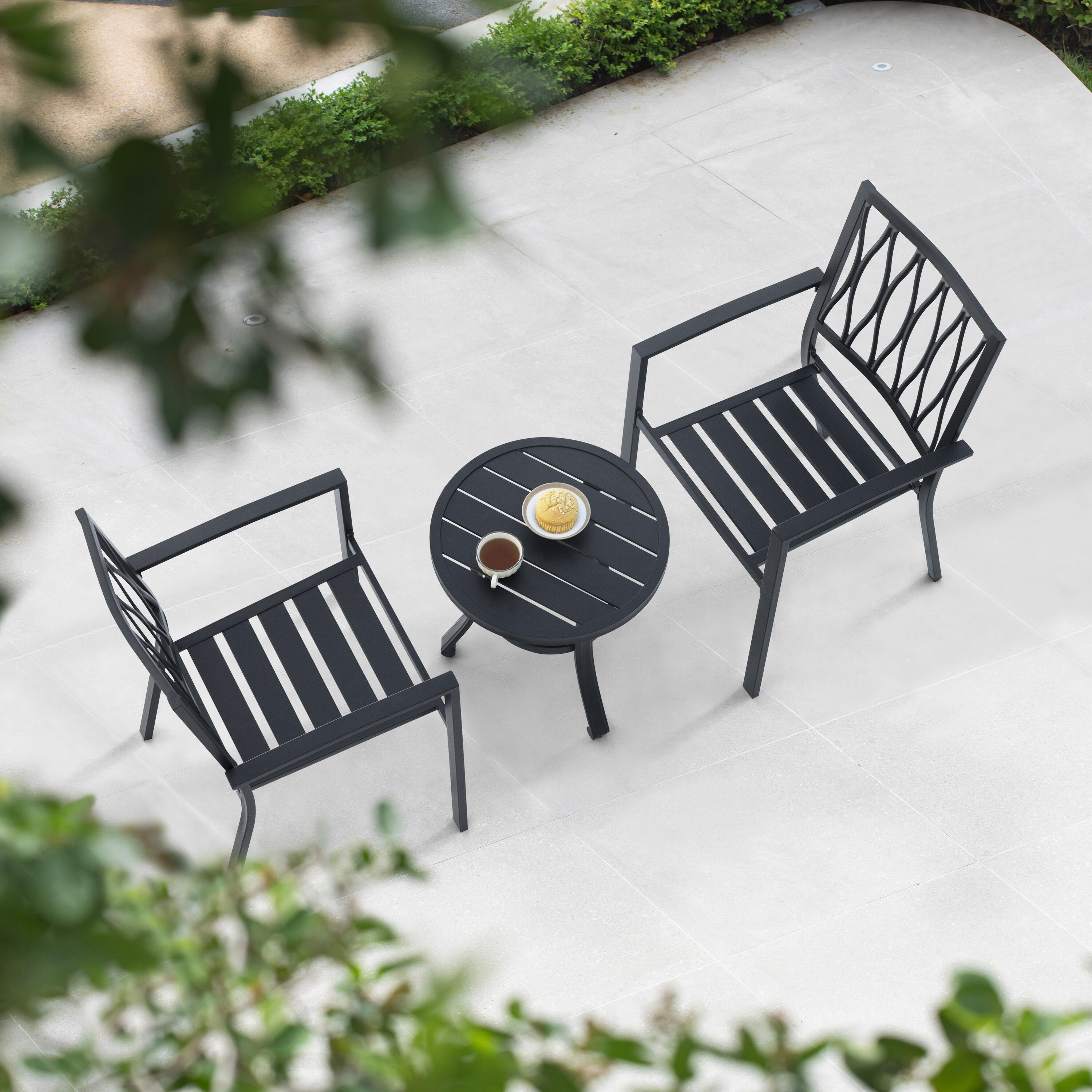 Nuu Garden SID011-01 3 -Piece Black Bistro Patio Dining Set Iron Round Table with 2 Stackable Stationary Chairs