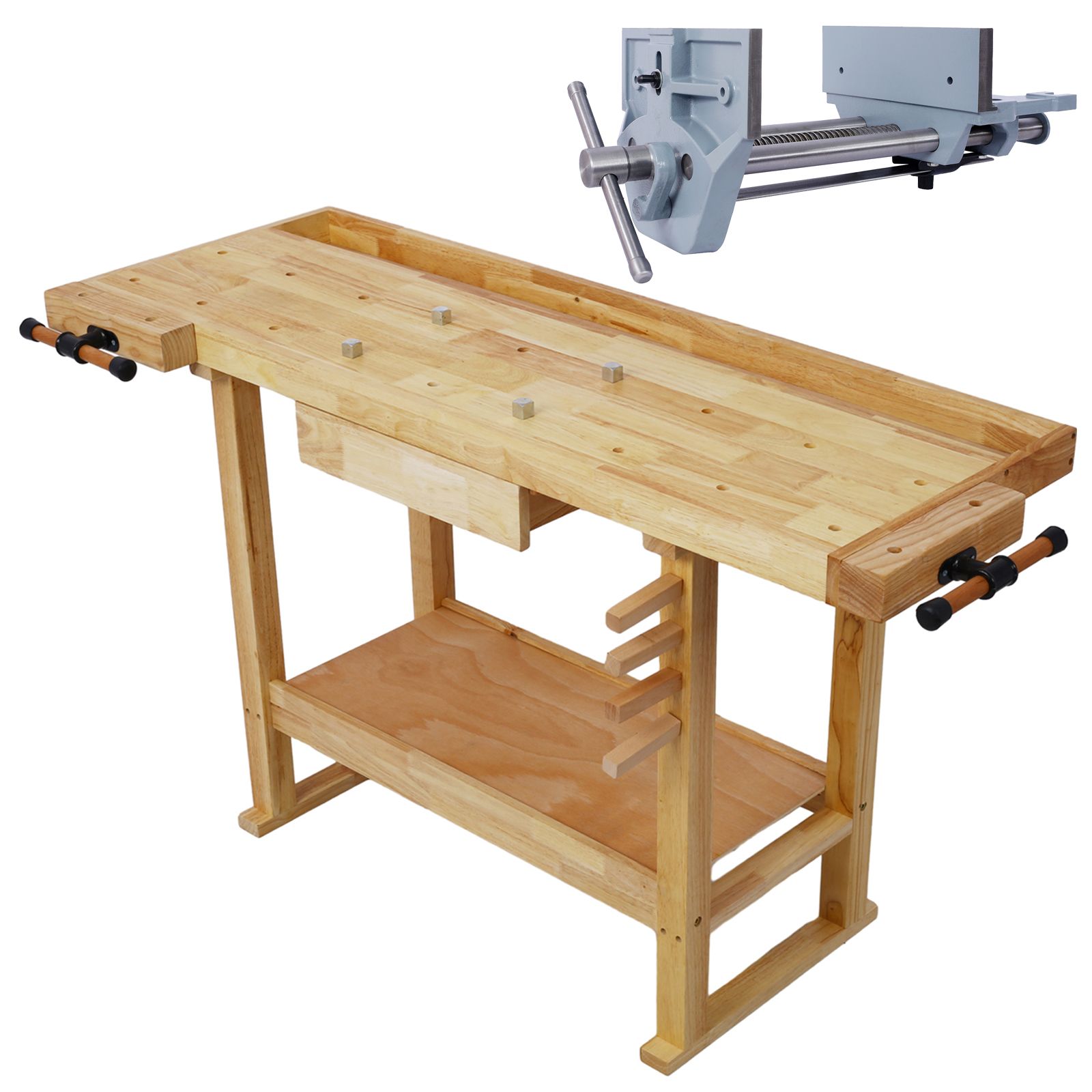 Blisstyle 55-inch Wood Workbench - Wooden Workbench for Garage Workshop and Home with Rapid Action Woodworking Vise 9 Inch Jaw Width Made with Heavy-duty Cast Iron Gray
