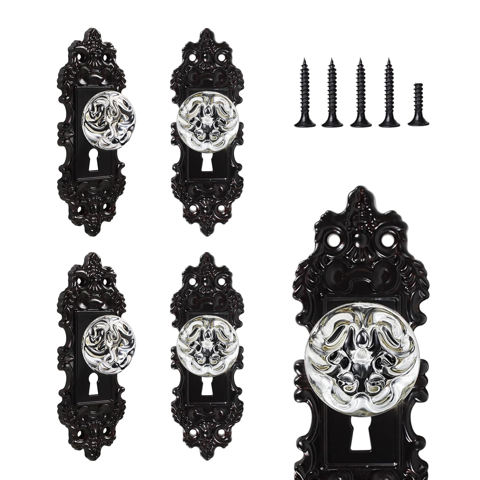 SenQWFa  Vintage Dummy Door Knob Set Crystal Glass Black Metal Plate Decorative Cabinet Handles for Interior Doors and Drawers