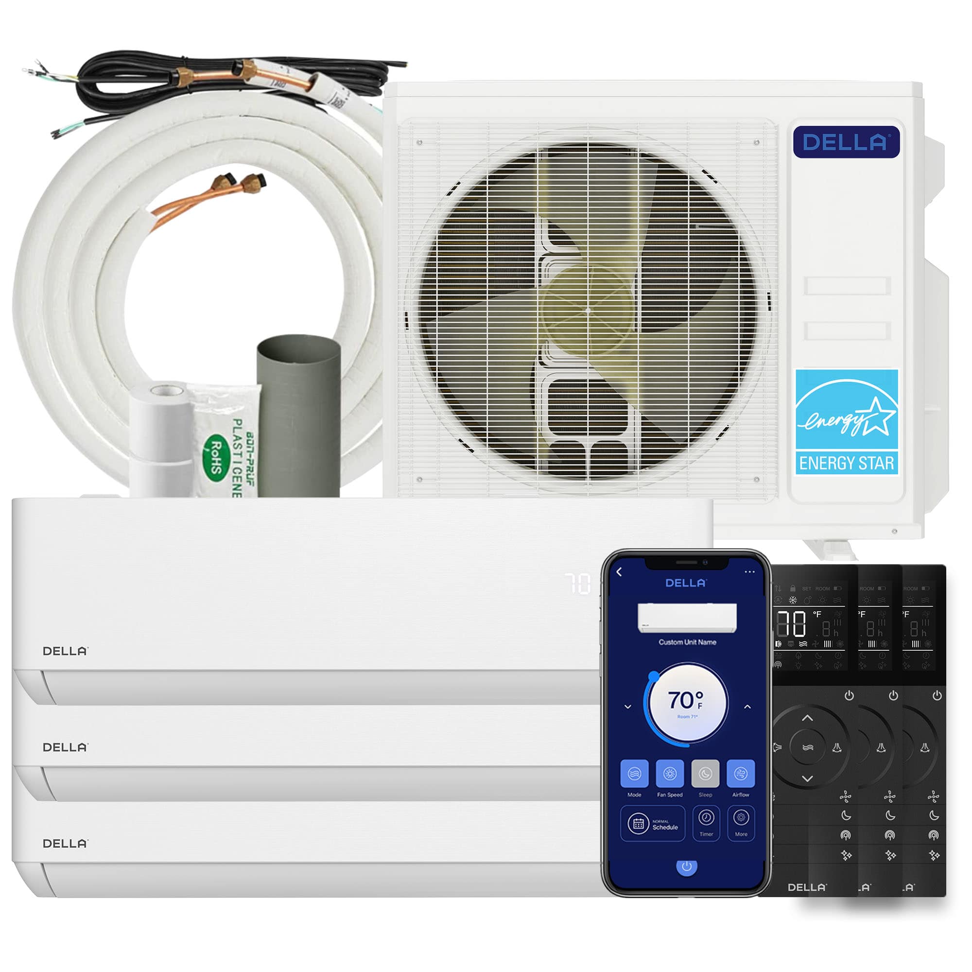 DELLA  20K BTU 3-Zone 6K-6K-6K Soft Airflow Mini Split AC with Heat Pump Fits Up to 900 Square Feet