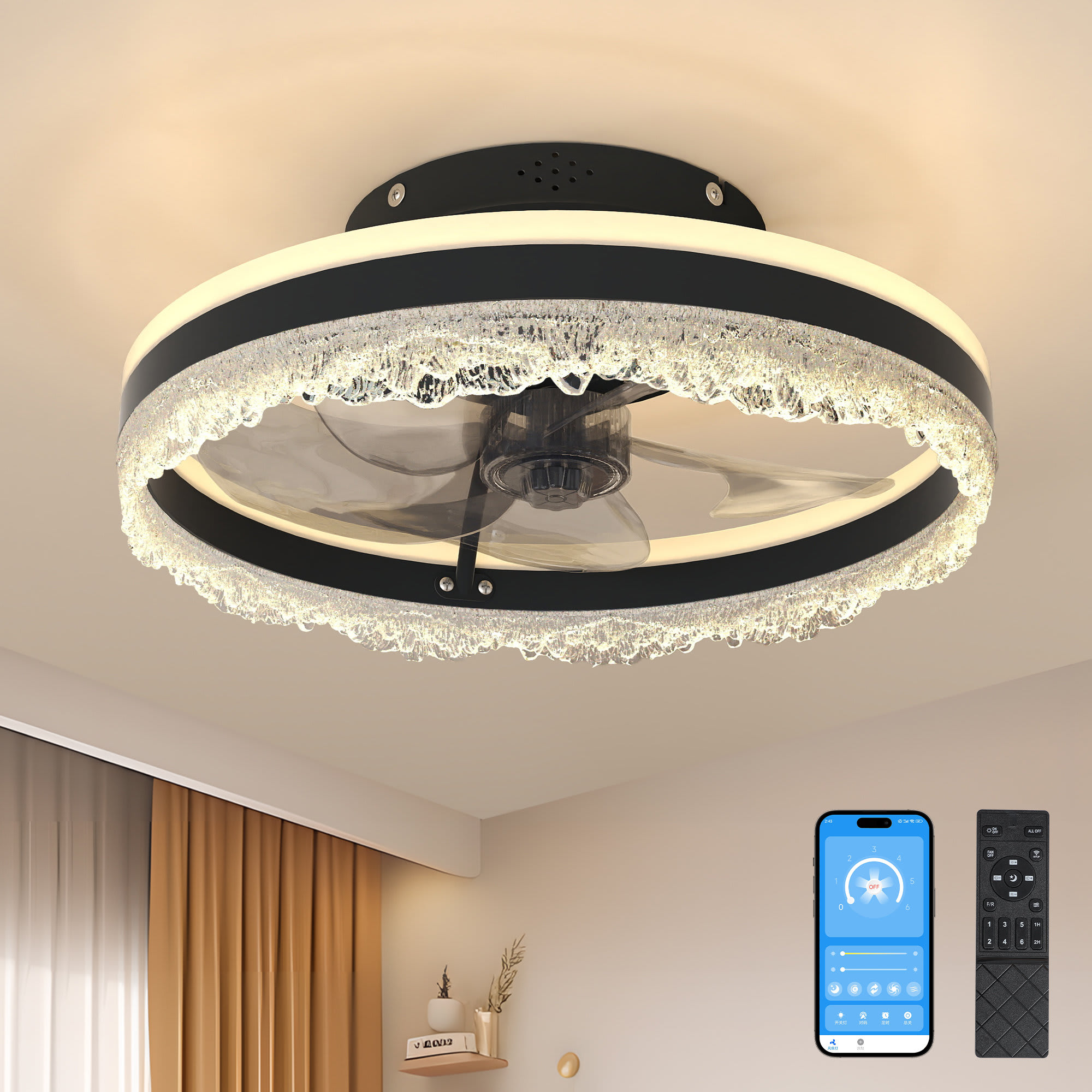 Aoibox  16 inch Quiet Ceiling Fan with LED Crystal Flush Mount Hidden Blades Dimmable Light Remote APP Control 6 Speeds Timer for Bedroom
