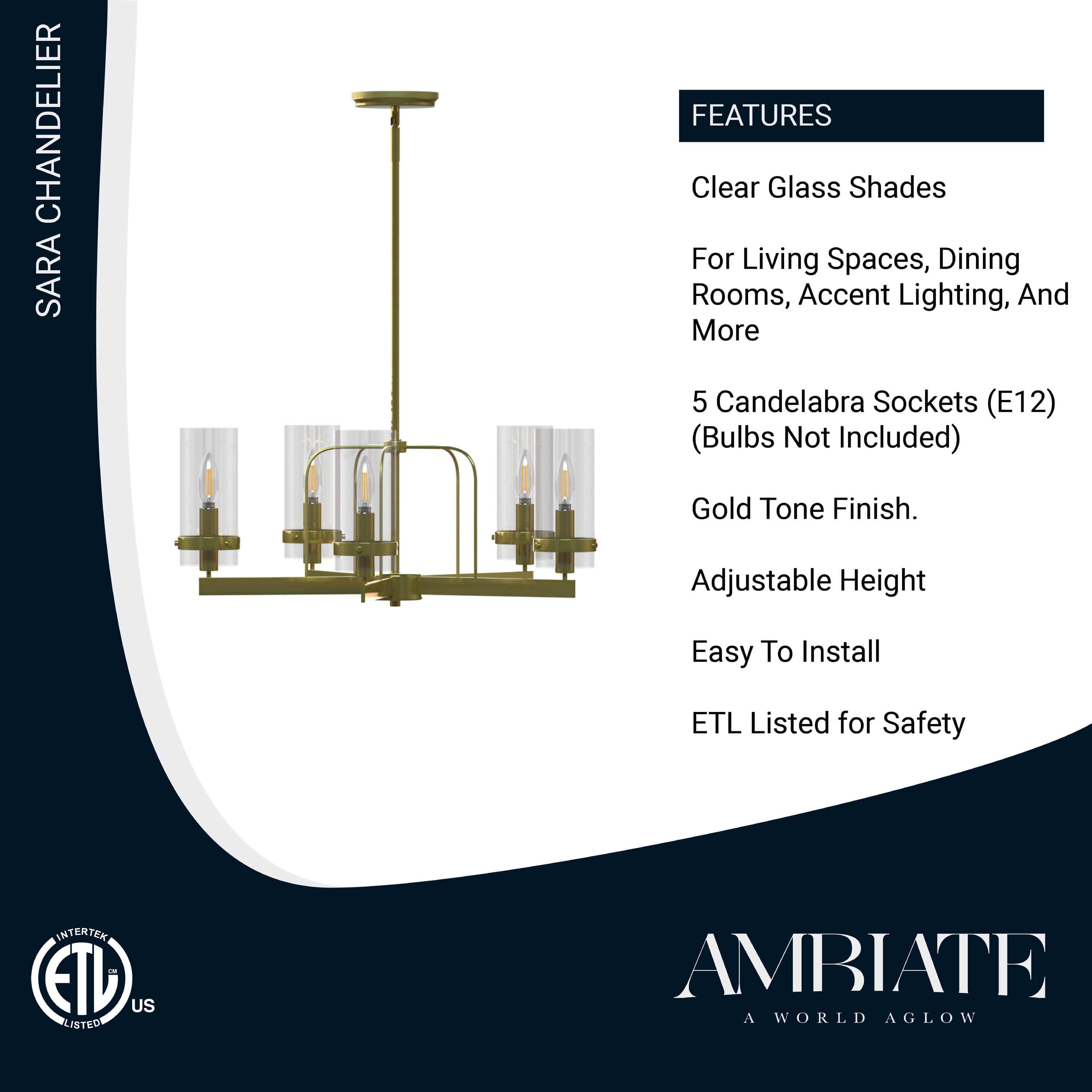 Sara Gold Finish 5-Light Chandelier with Glass Shades