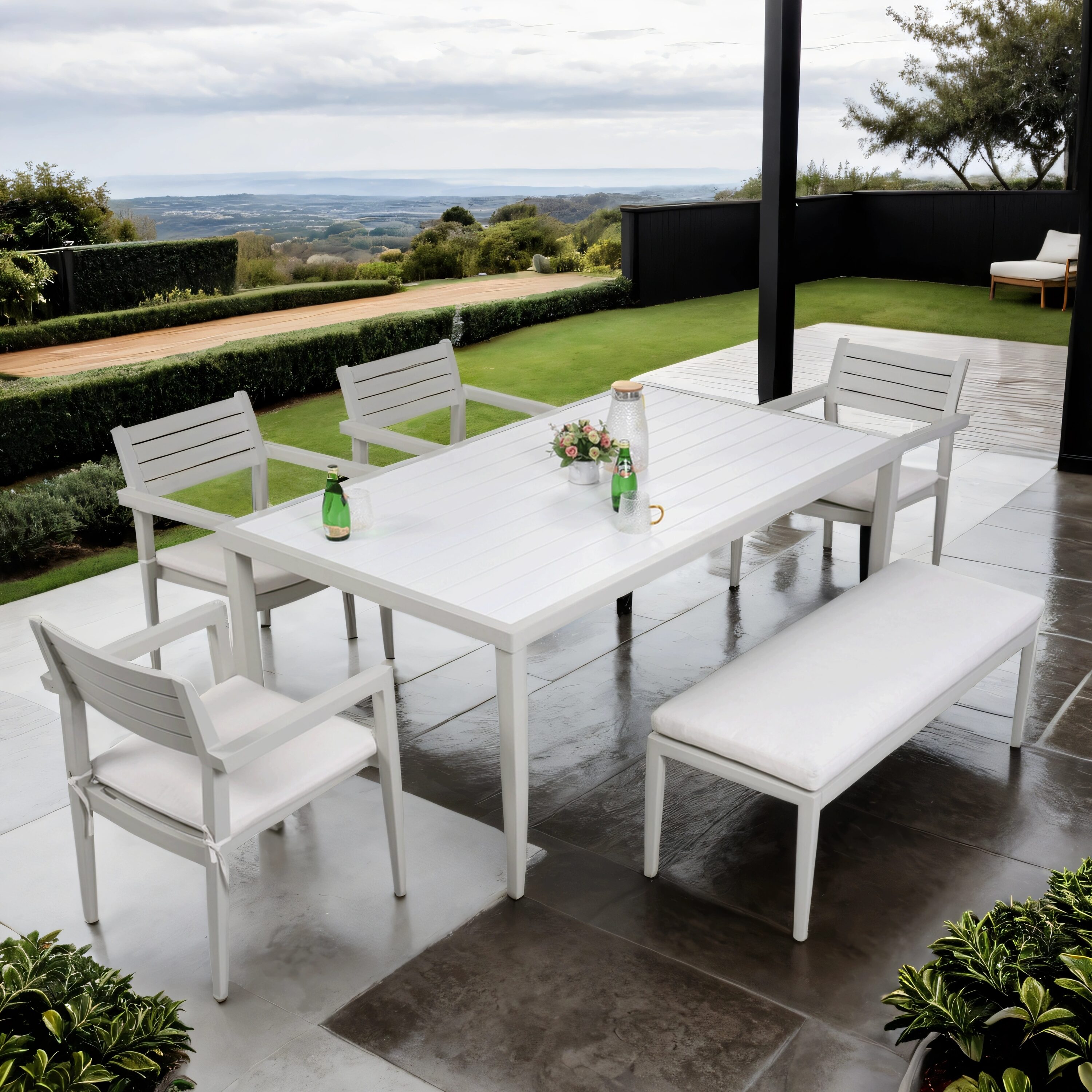 Xspracer ML-DS005 Dining Set 6 -Piece white Patio Dining Set Aluminum Rectangle Table with 5 White Cushions Stationary and Motion Chairs