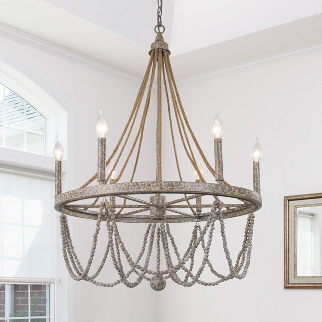 Lnc Elegant 6 Light Hand Made, French Country Wood Bead Chandelier Diy